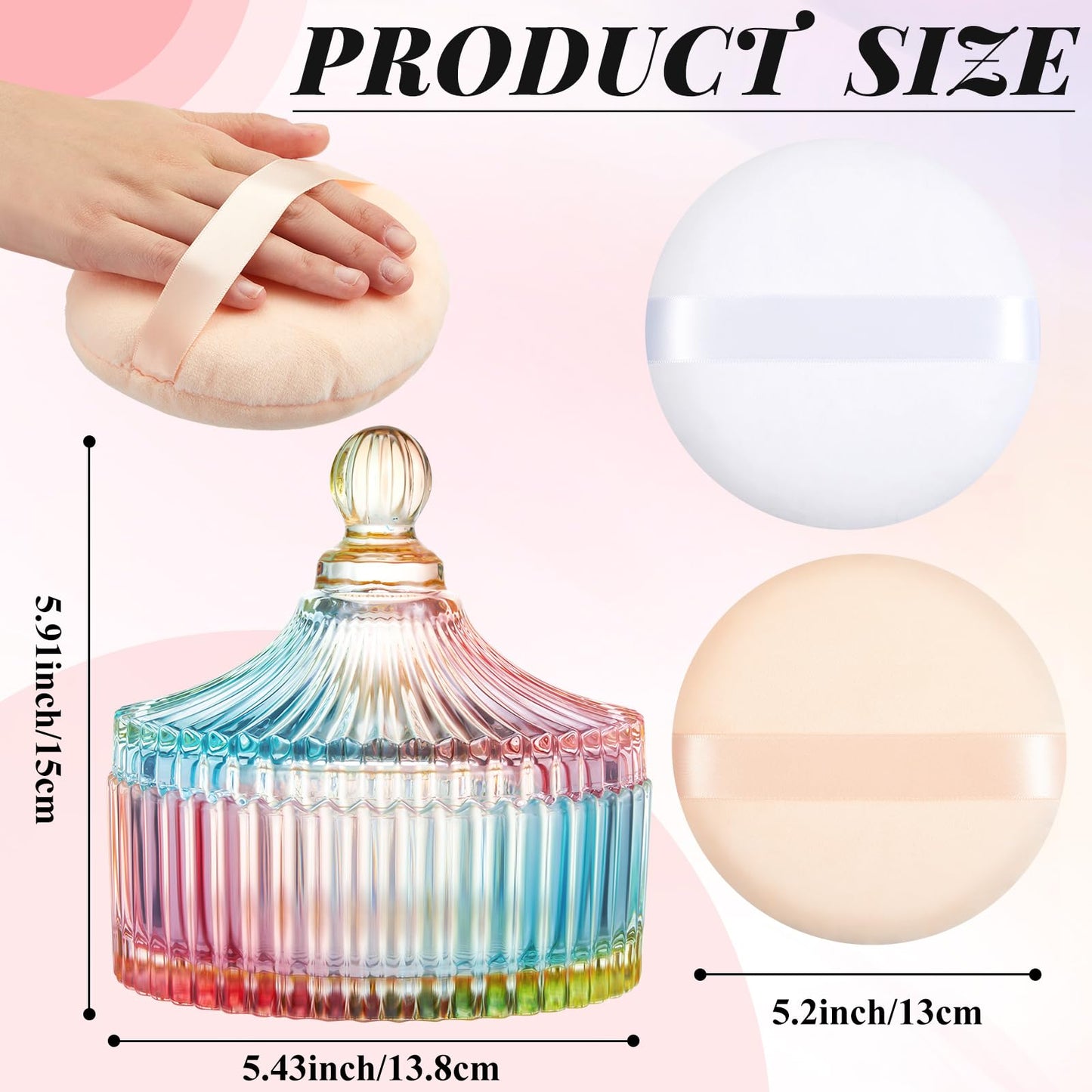 Tioncy 3 Pcs Extra Large Body Powder Puff and Container 5.43'' Glass Body Container with 5.12'' Powder Puff Glass Jar for Women's Talcum(Classic,Coloured Glaze)