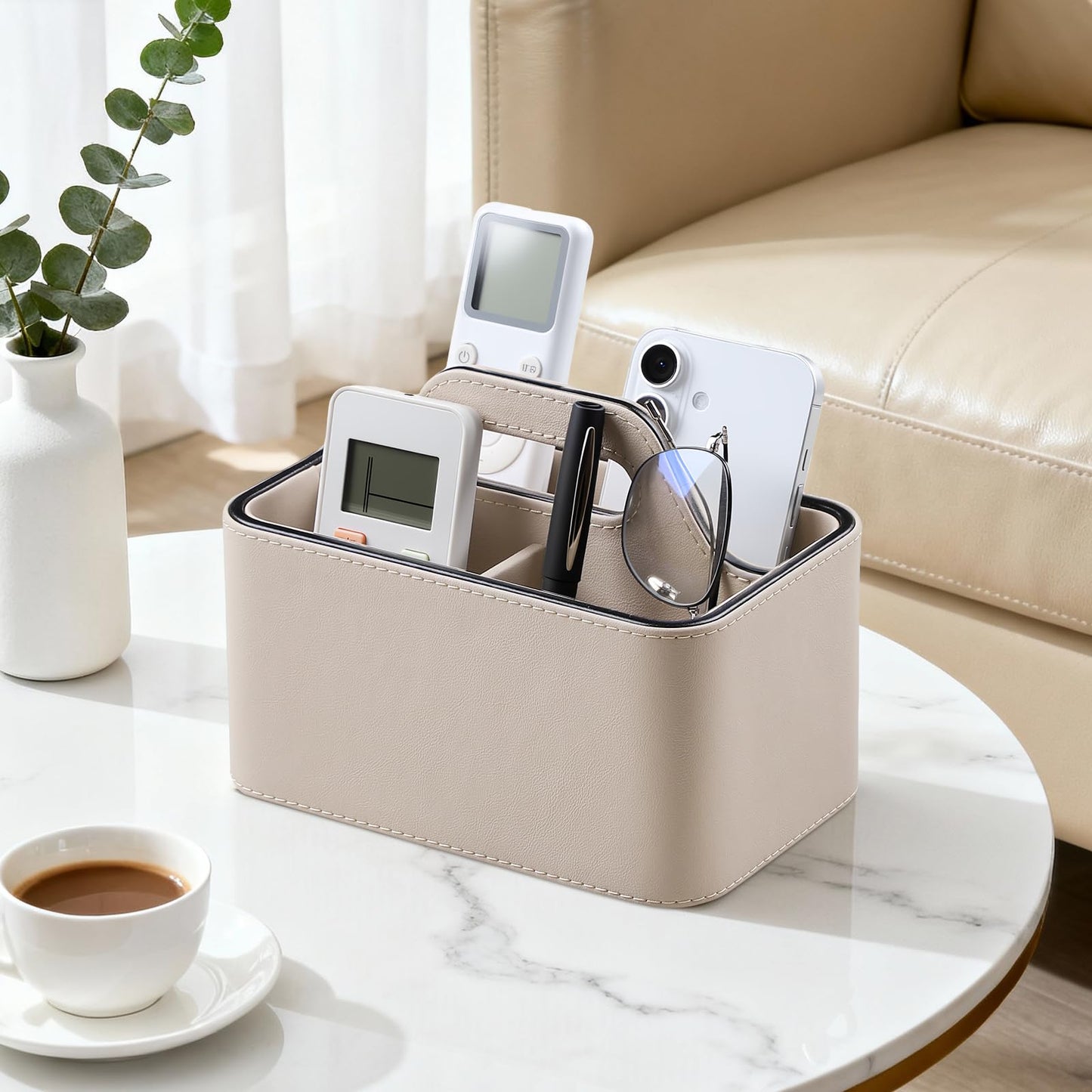 NICLNGSH Caddy Organizer with Handle, PU Leather Remote Control Holder Desk Caddy, Portable Makeup Remote Organizer for Table, Nightstand, Office (Beige)