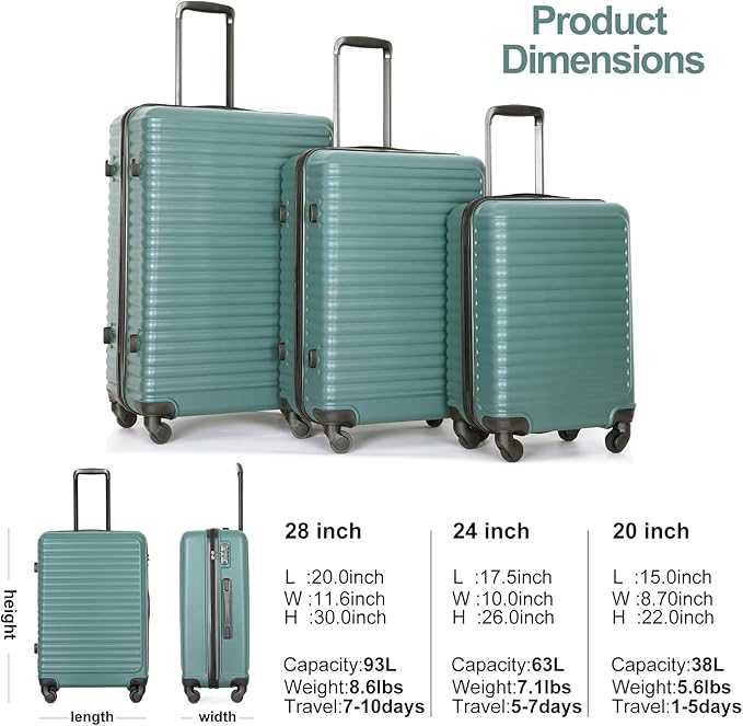 Travelhouse Luggage Sets, Expandable Hardside Suitcases 24in/28in, Carry on 20in,3 Piece Set Travel Luggages Clearance with Double Spinner Wheels TSA Lock Lightweight (Green-85)