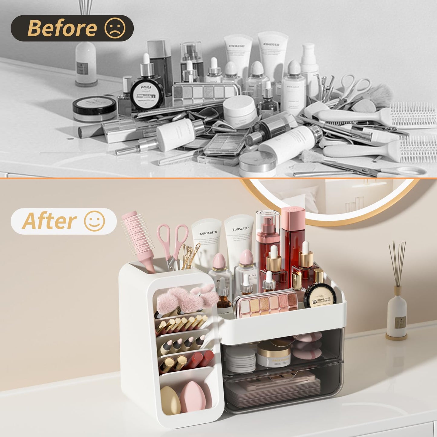 Makeup Organizer for Vanity with 5 Adjustable Dividers & 2 Clear Drawers, Large Make Up Brush & Perfume Holder, Cosmetic Display Cases Skincare Storage for Bathroom Countertop, Office Desktop, Pantry