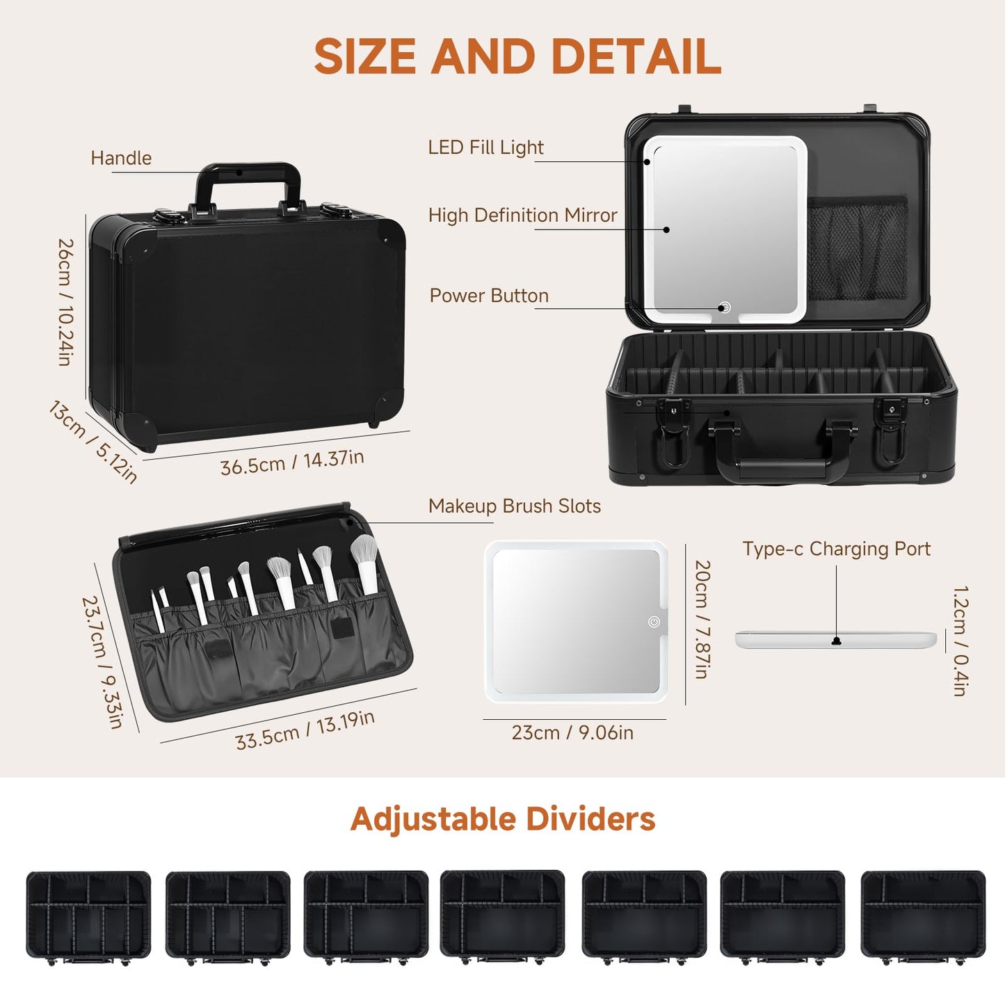 LivelyCove 15"x11" Makeup Case with Lighted Mirror & Brush Holder - Waterproof Travel Organizer, Customizable Storage, Rechargeable LED Vanity for Women (black)