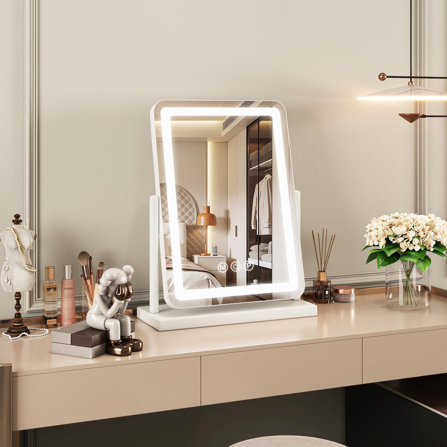 Novlux Vanity Mirror with Lights, 18"x13" Hollywood Lighted Makeup Mirror for Tabletop & Bedroom 3 Color Lighting Modes Smart Touch Control 360° Rotation Detachable