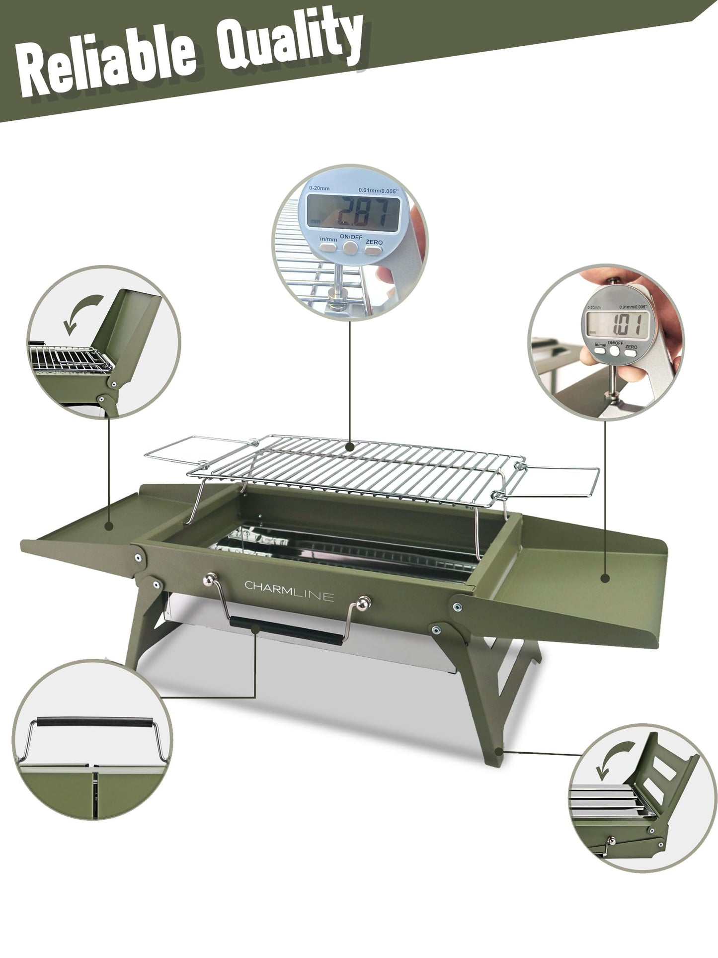 Charmline 14 x 9 inches Small Portable Charcoal BBQ Grill, Foldable Compact Camping Barbecue for 1–3 People, Ideal for Garden, Beach, Picnic & Tabletop Use, Green