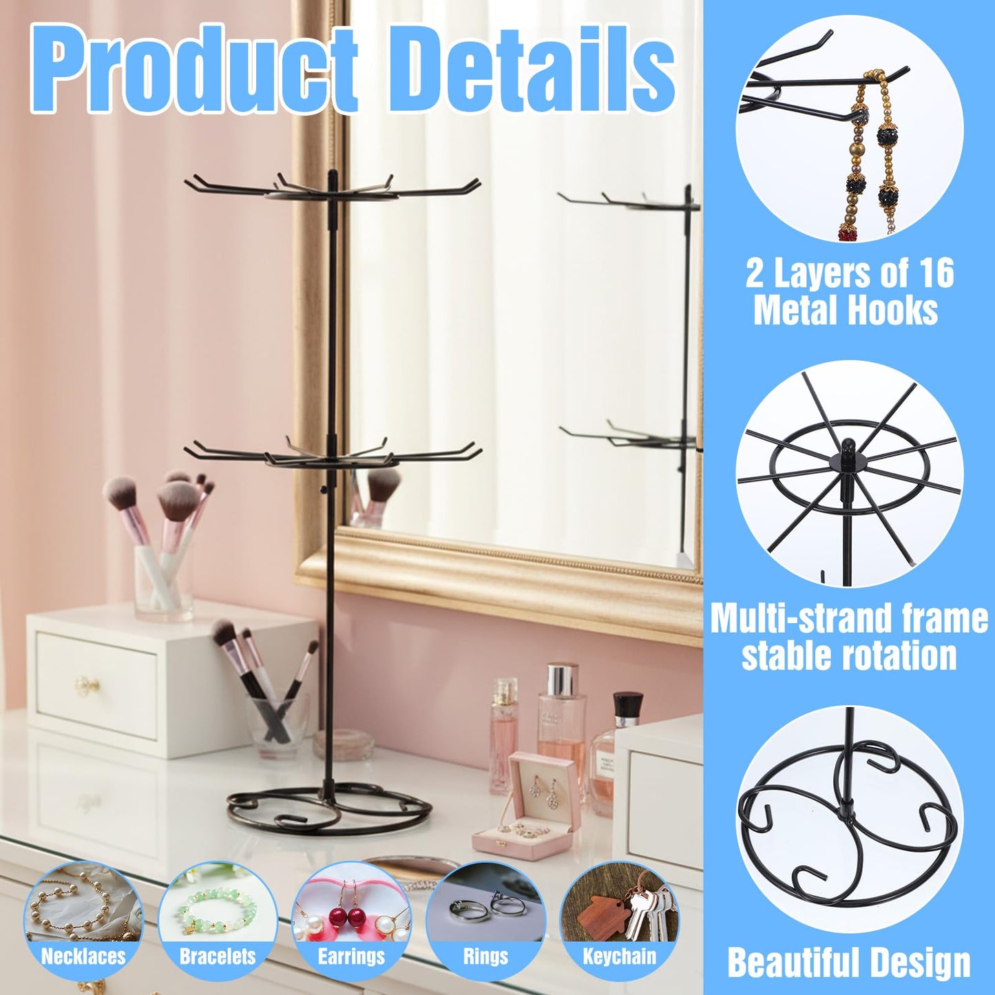 QFGasre 2 Pcs Jewelry Stand Organizer, 2 Tier Rotating Rack Metal Necklace Organizer Black Jewelrys Keychain Display for Vendors Jewelry Earring Bracelet Display Supplies