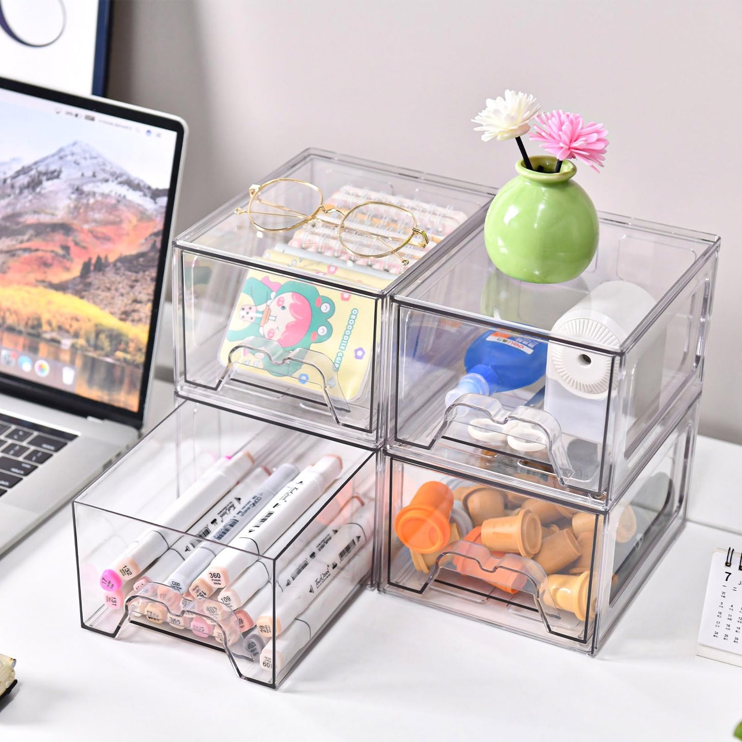Stebopum 8 Pack Stackable Makeup Organizer, 4.4'' Tall Acrylic Bathroom Makeup Organizer and Storage Drawer with Pull-out Handle, Clear Plastic Storage Bins for Vanity,Pantry,Desk,Undersink,Kitchen