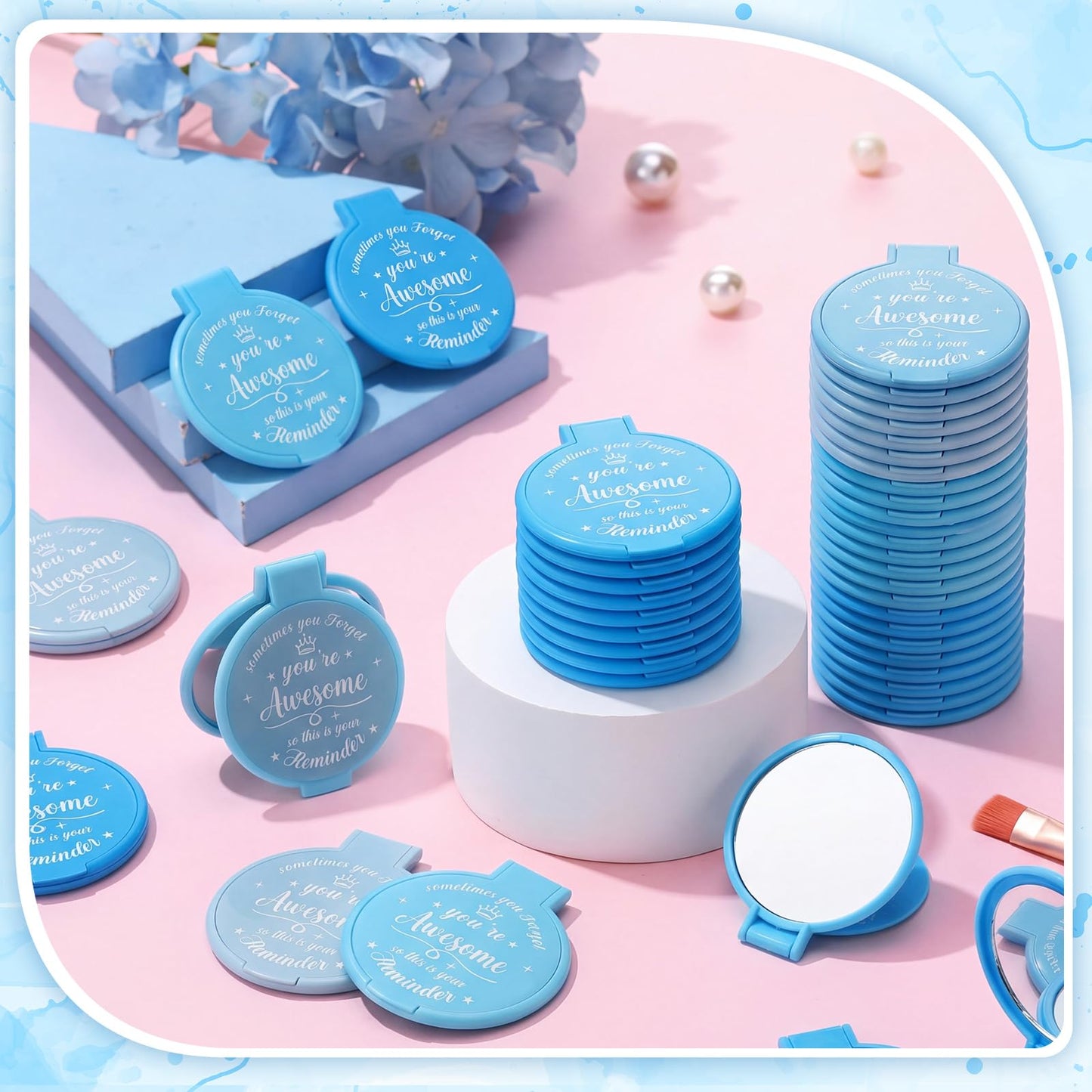 Gulfmew 100 Pcs 2.76 Inch Inspirational Compact Mirror Bulk Women Small Gifts Graduation Mothers Day Party Favors Purse Mirror Pocket Mini Items for Adult Coworker Cheerleader Swag Bag (Blue Series)