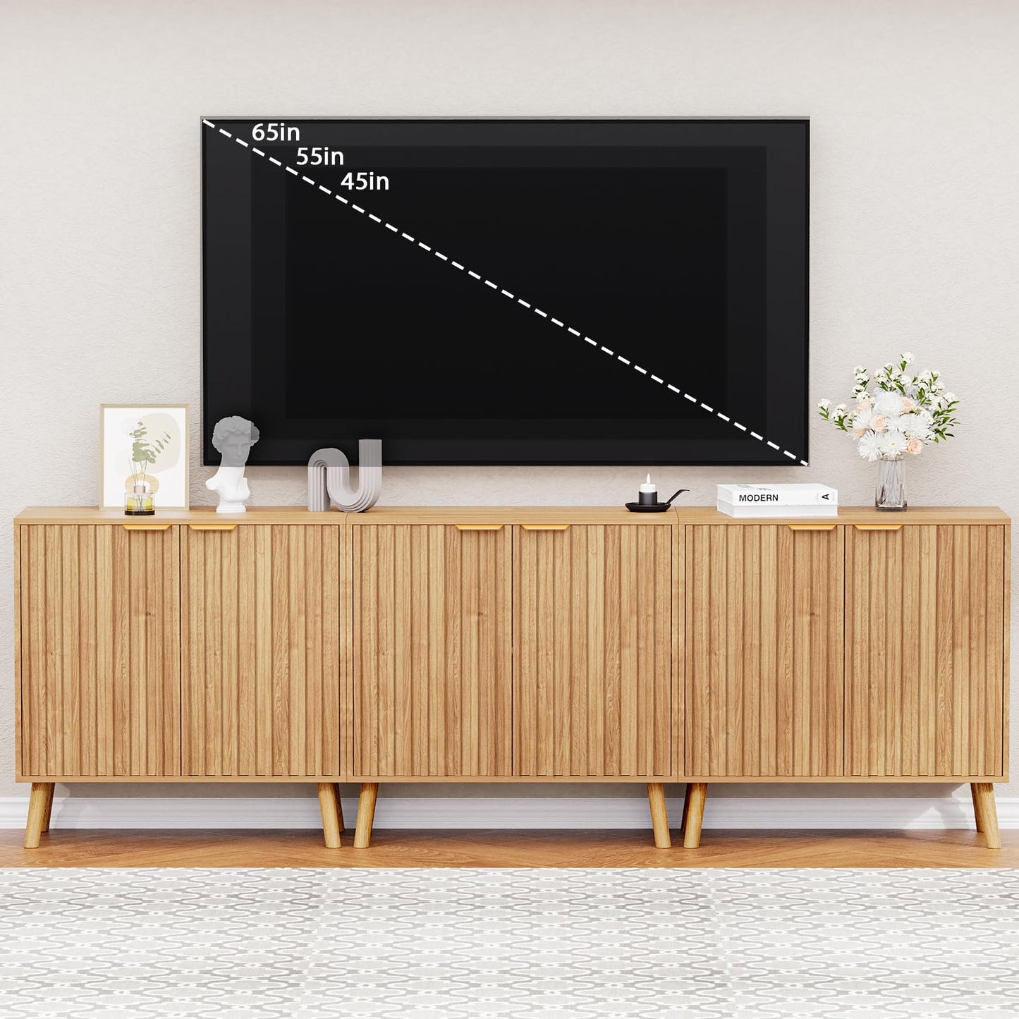 REHOOPEX Fluted Storage Cabinet, Buffet Cabinet with Storage, Wood Sideboard with Adjustable Shelf, Modern Accent Cabinet & Console Table for Entryway, Living Room, Dining Room, Natural