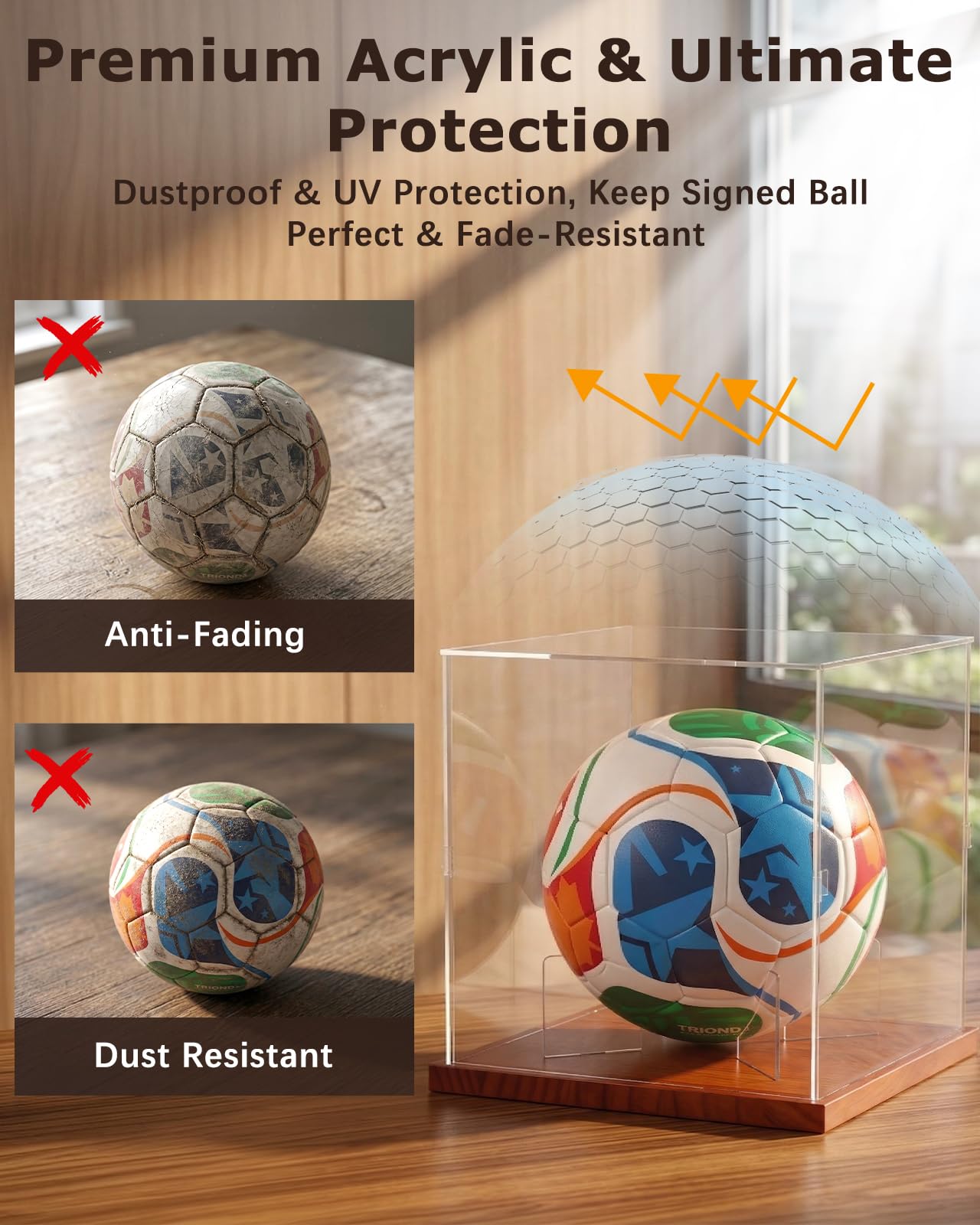 Fitense Soccer Ball Display Case with Solid Wood Base, UV Protected Clear Acrylic Box, Removable Transparent Holder for Autographed Balls, Sports Collectibles & Memorabilia Display