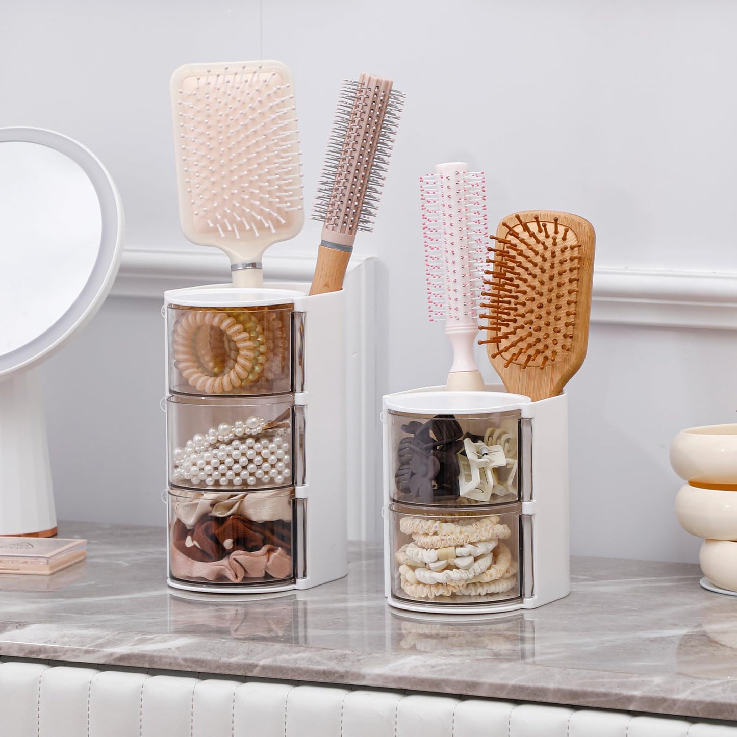 FABROK 3-Layer Clear Hair Accessories Organizer with Hair Brushes Holder, Rotatable Small Jewelry Box for Clip Earring Necklaces, Desktop Organizer Case for Cotton Swab, Accessories