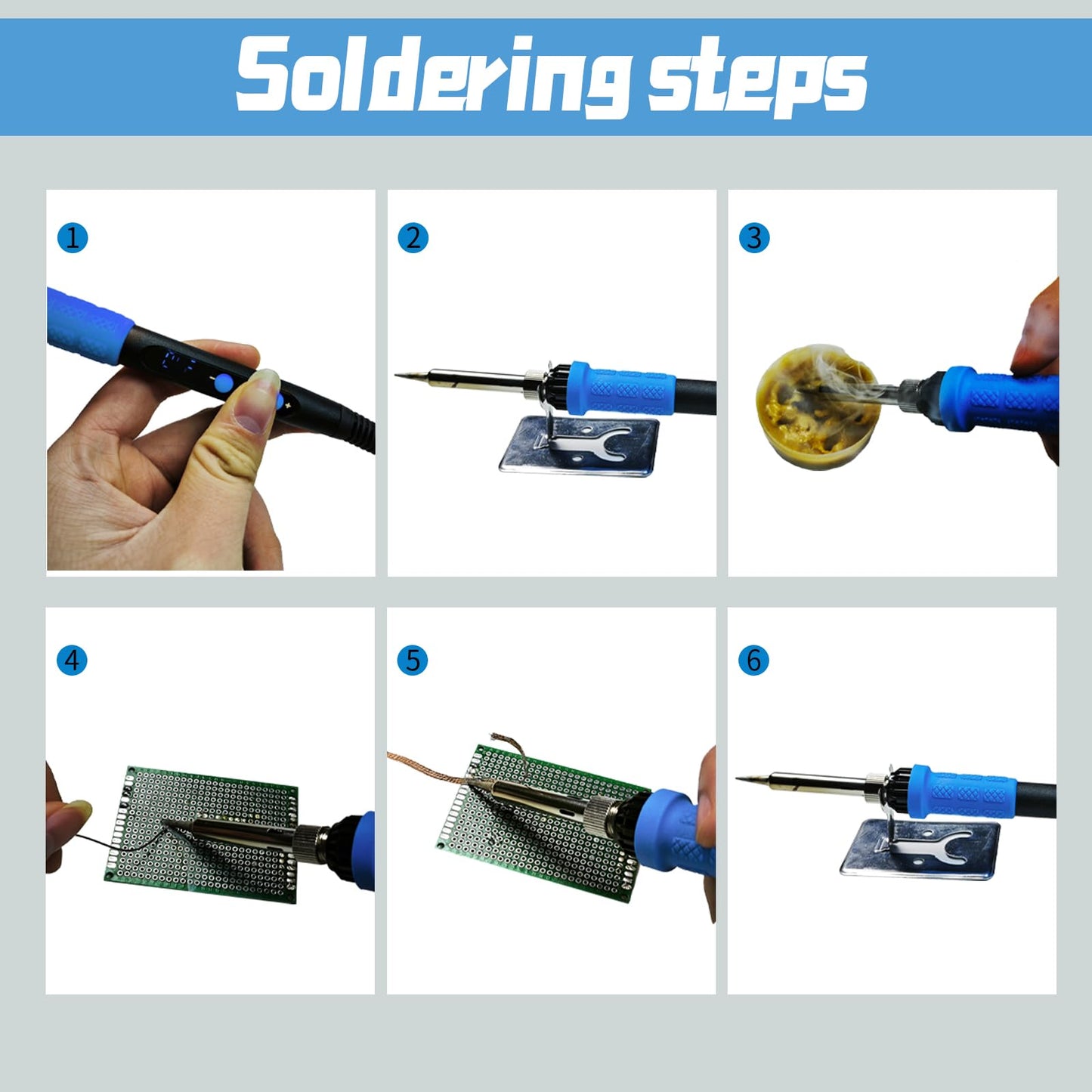 FUMEIYI 909A 90W Blue Soldering Iron Kit with LED Display & Ceramic Heater, Adjustable Temperature Digital Soldering Tool, Includes Tips, Solder Wire, Stand, Desoldering Wick, Flux Paste