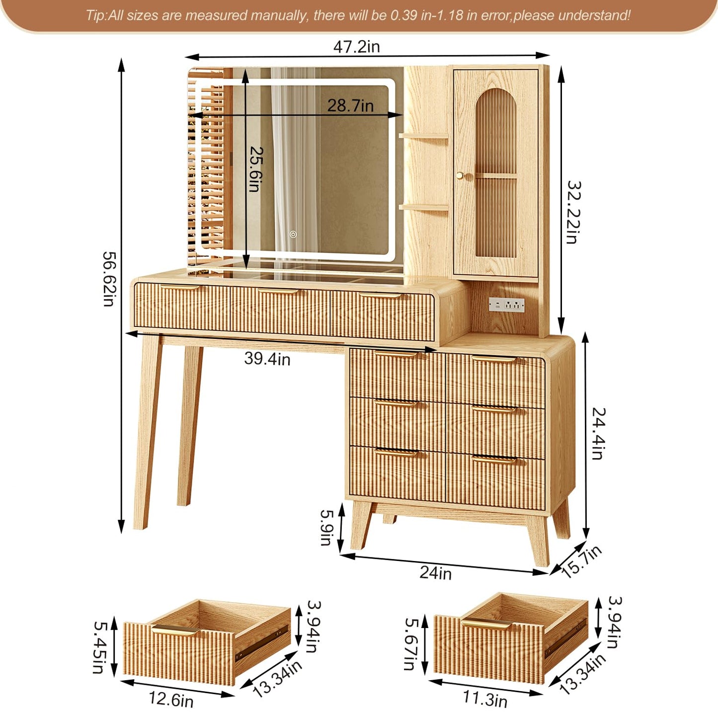 Glass Top Makeup Vanity with 3-Color LED Lighted Mirror & Power Strip, Large Vanity Table with 9 Drawers, Enclosed Cabinet & 2-Tier Open Shelves, Wooden Legs Bedroom Dressing Table, 47.2"W, Oak
