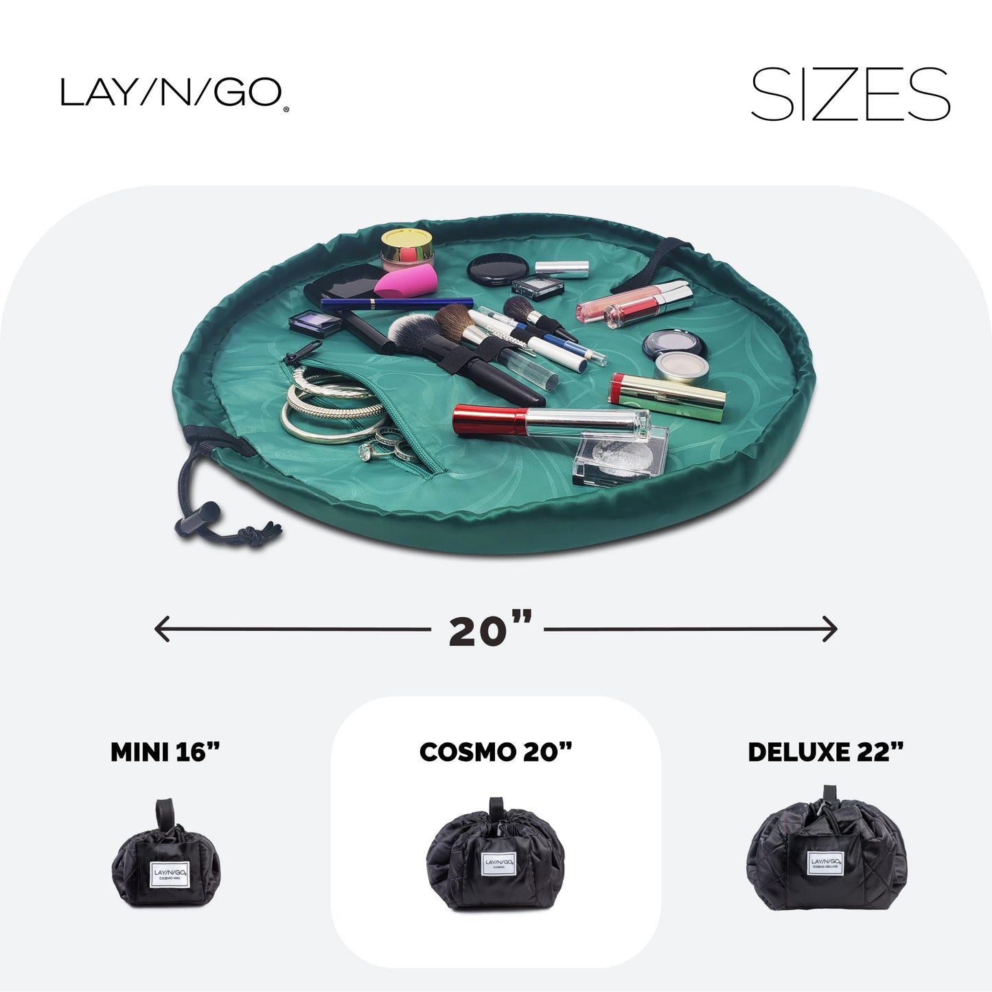 Lay-n-Go Cosmo Lay Flat Drawstring Cosmetic & Makeup Bag Organizer - Zipper Pocket, Brush Loops & More - Durable, Machine Washable Toiletry Carrier for Travel, Cinch Closure, Gift (20", Evergreen)