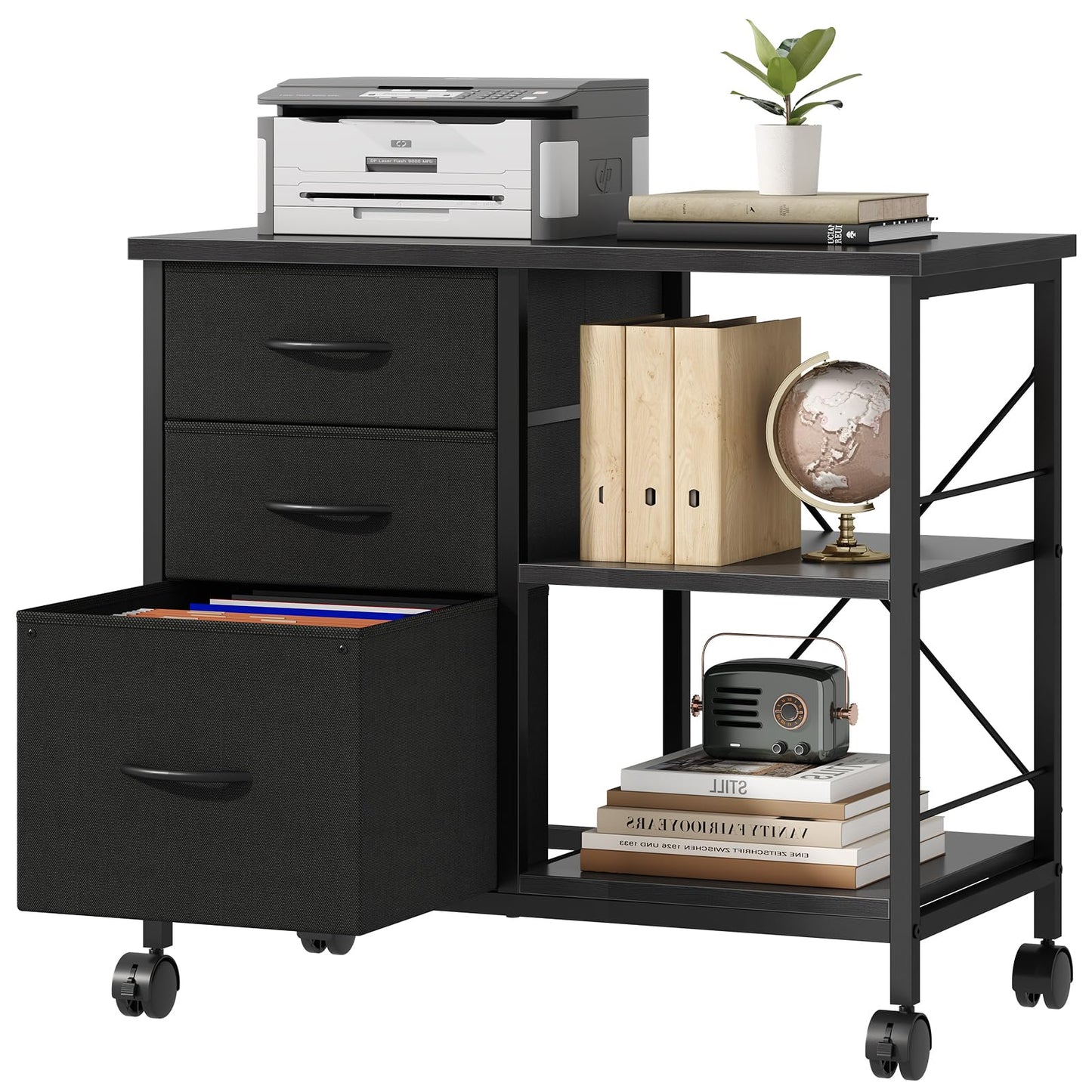 DUMOS 3-Tier Mobile File Cabinet, Printer Stand with Storage, Office Table with Drawers and Back Support Bar, Holds 110lbs for Home Office, Rustic Black