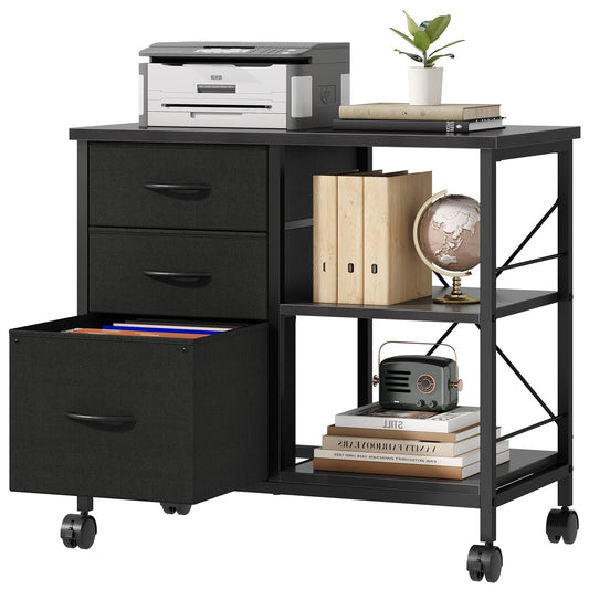 DUMOS 3-Tier Mobile File Cabinet, Printer Stand with Storage, Office Table with Drawers and Back Support Bar, Holds 110lbs for Home Office, Rustic Black