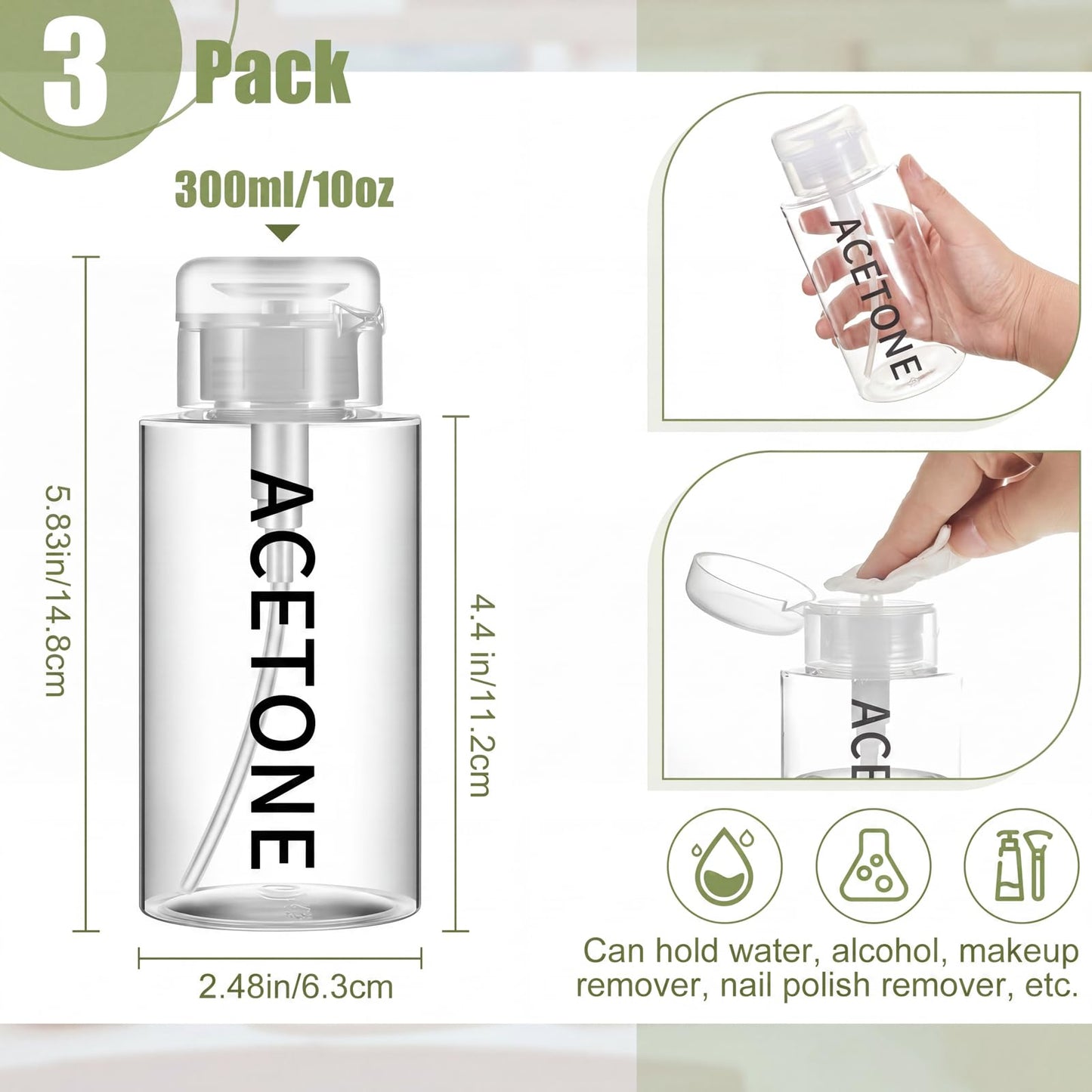 Layhit 3 Pcs 10 oz Acetone Pump Dispenser Bottle Aceone Push Down Liquid Dispenser Empty Pumping Bottle Refillable Cosmetic Container for Personal, Salon, Nail Care, Hospital Use