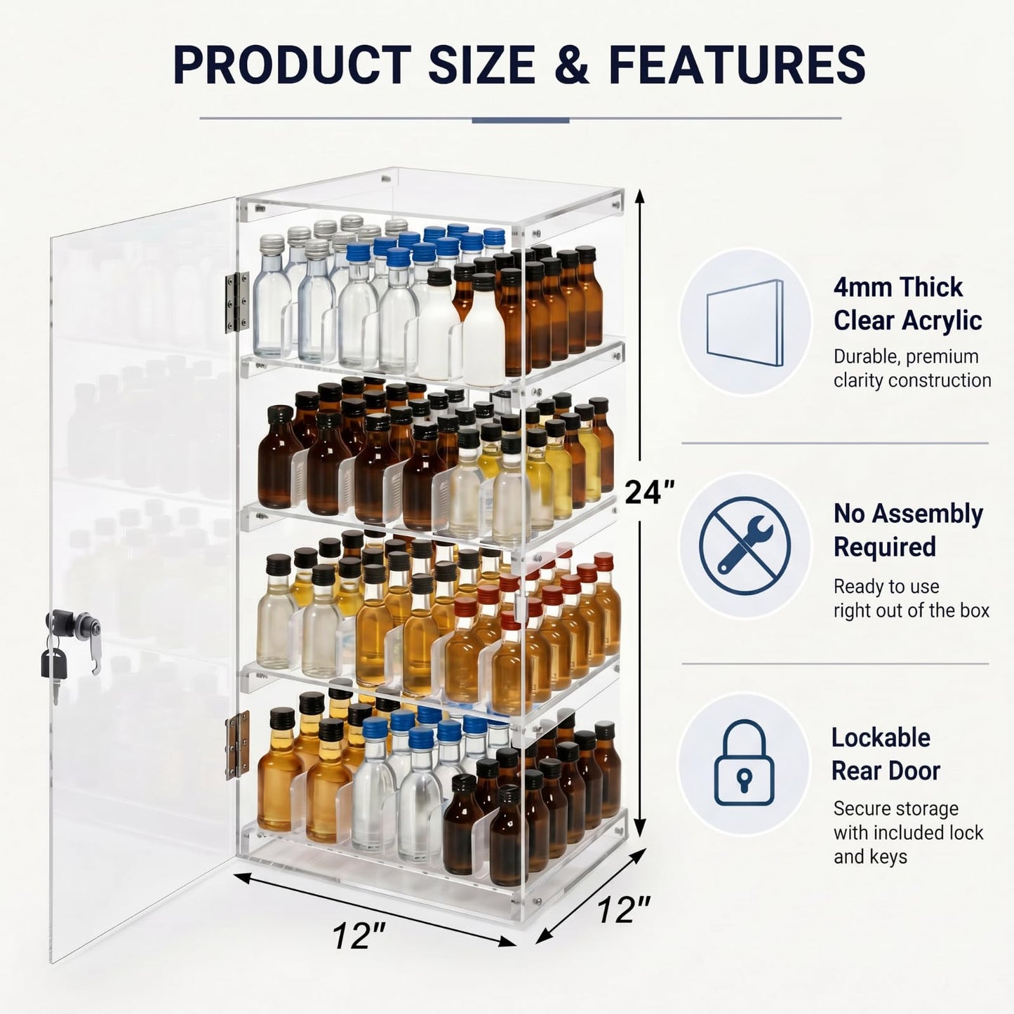 Cinnvoice Mini Liquor 50ml Bottles Retail Display Case with Lock, 12 x 12 x 24 in Clear Acrylic Countertop Rack, Adjustable Dividers Holders, Holds 192 Nips