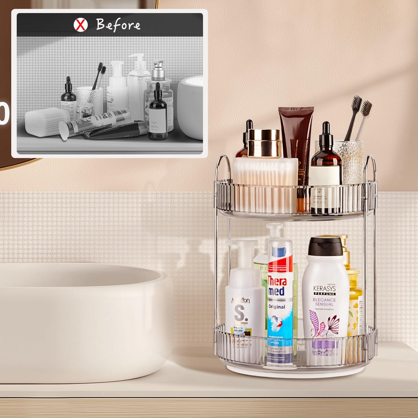 Niluks 360 Rotating Makeup Organizer, 2 Tier Lazy Susan Bathroom Counter Organizer, Skincare Organizers, Spinning Perfume Organizer & Vanity Organizer Countertop (Classic Grey, 2 Tier)