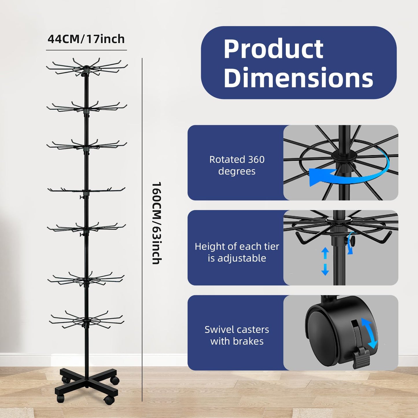 RCZSCBK 7-Tier Rotating Display Rack, 360° Heavy-Duty Spinning Merchandiser for Retail Stores & Showrooms, Movable Floor Gondola for Clothing, Shoes & Accessories