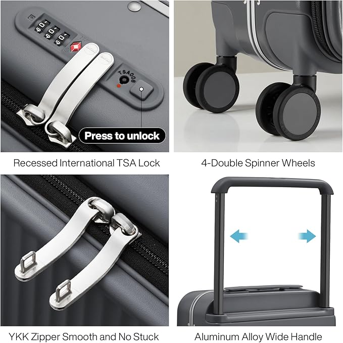 mixi Luggage Suitcases with Spinner Wheels 24'' Travel Luggage with Front Laptop Pocket, Wide Handle PC Hardshell Suitcase with TSA Lock & Cover, Checked Luggage(Rock Grey)