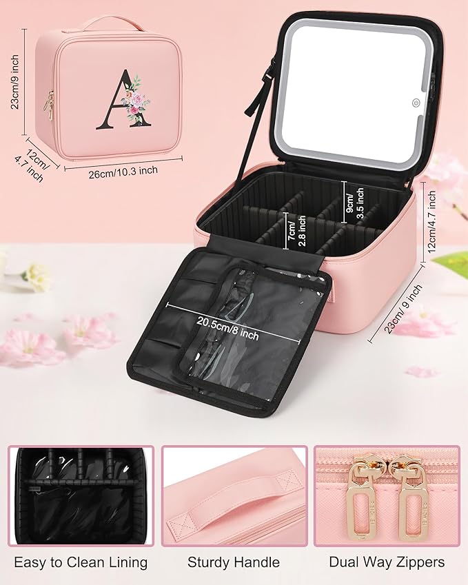 Relavel Initial Makeup Bag with LED Mirror for Women Girls, Personalized Travel Cosmetic Organizer Train Case, Birthday Gifts for Grandkids Bridesmaid Graduation Teacher Friends, Trendy Stuff, Pink N