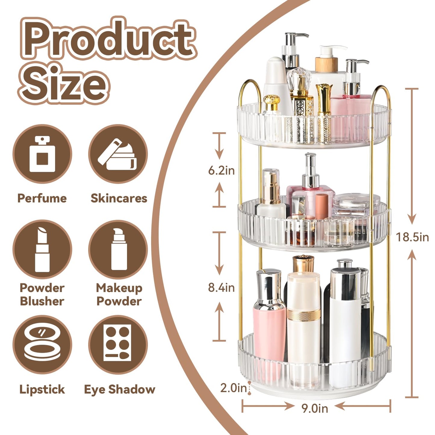 360° Rotating Makeup Organizer for Vanity, 3 Tier Perfume Organizers Skincare Organizers and Storage for Bathroom Countertop, Spinning Cosmetic Organizer for Bedroom Dresser Counter (Clear)