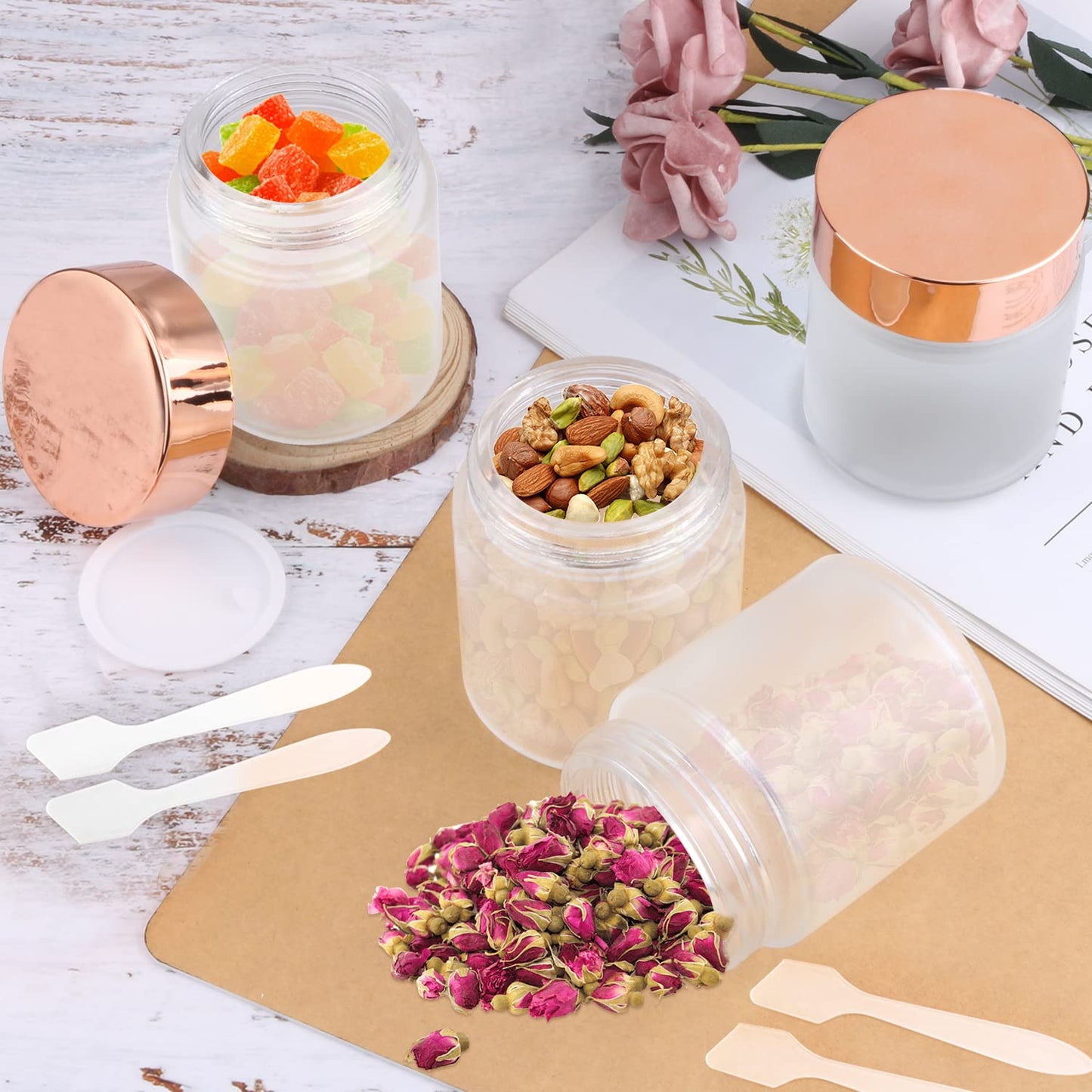 4 Pack 200g/7oz Frosted Glass Jars Empty Cosmetic Pot Refillable Cream Container Bottle with Rose Gold Lid&Inner Liner for Lotion Face Cream DIY Makeup Salve Lip Balm Toiletries