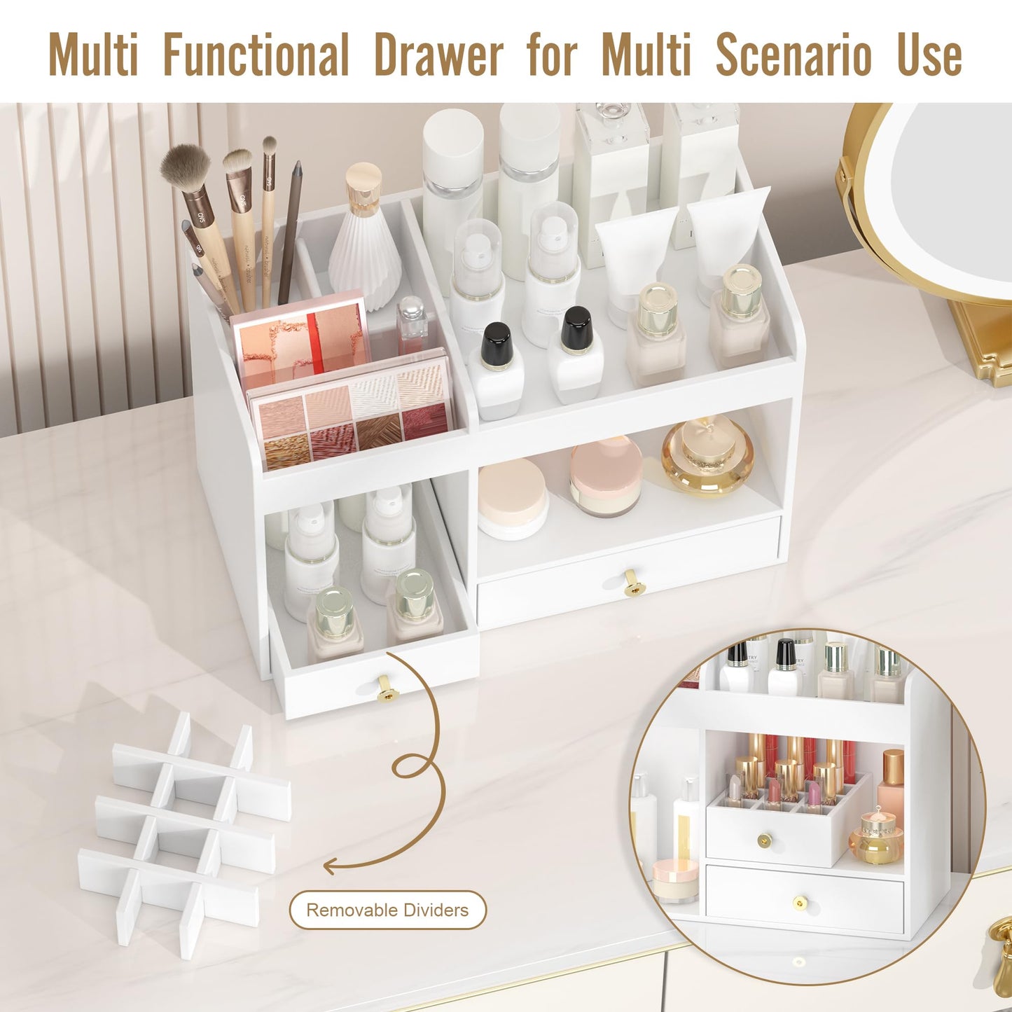 Wisuce Essentials Large Makeup Organizer with Drawers, Bamboo Countertop Cosmetic Storage for Dresser Vanity Organizer Beauty Desk Skincare Holders Container Make Up Organizing for Lipstick