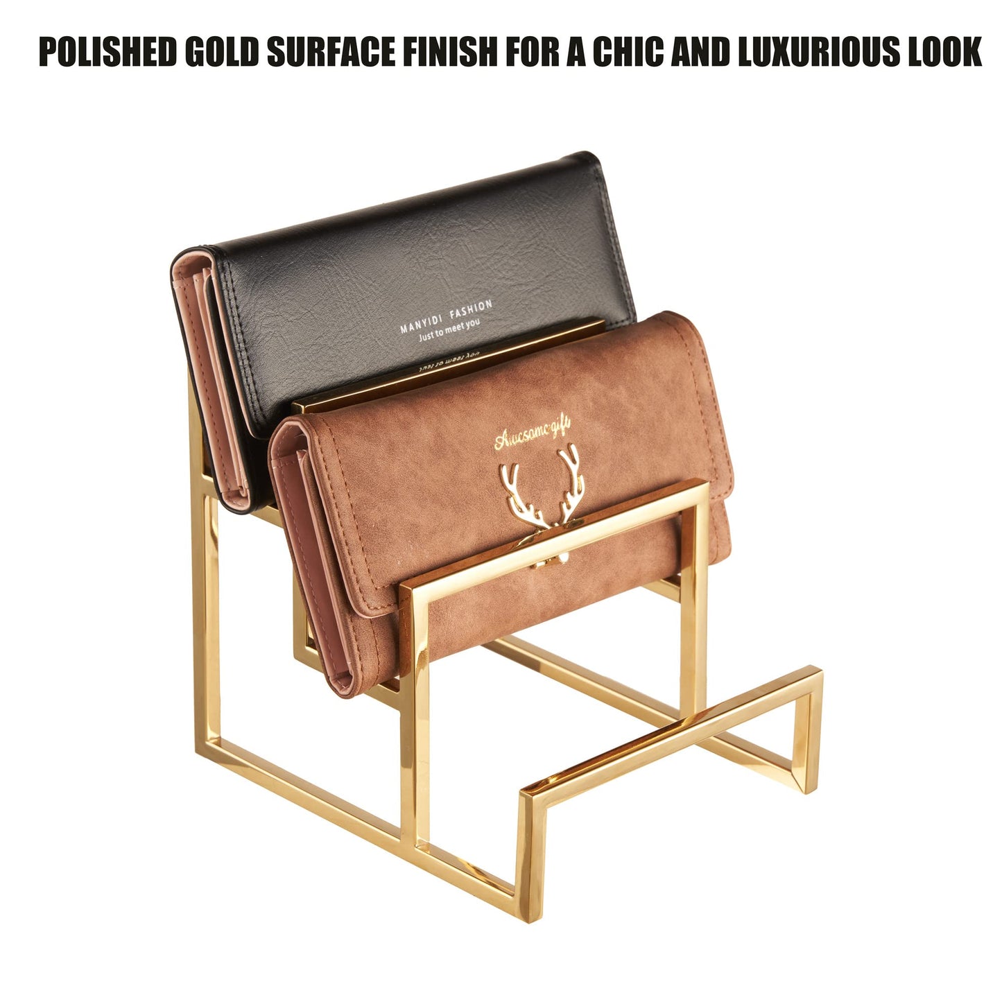 Elitnus Gold Clutch Purse Display Stand - 3 Steps Clutch Handbag Holder Purse Closet Organizer - Wallet Displays Rack for Boutique Store - Purse Stands for Display (Polished Gold)