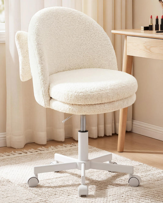 GTPOFFICE Vanity Chair with Back, Adjustable Tall Office Chair High Swivel Bar Stools Fluffy Cute Desk Chair Comfy with Wheels Bow Pillow Armlees for Adults Standing Desk Bar, Teddy Velvet, White