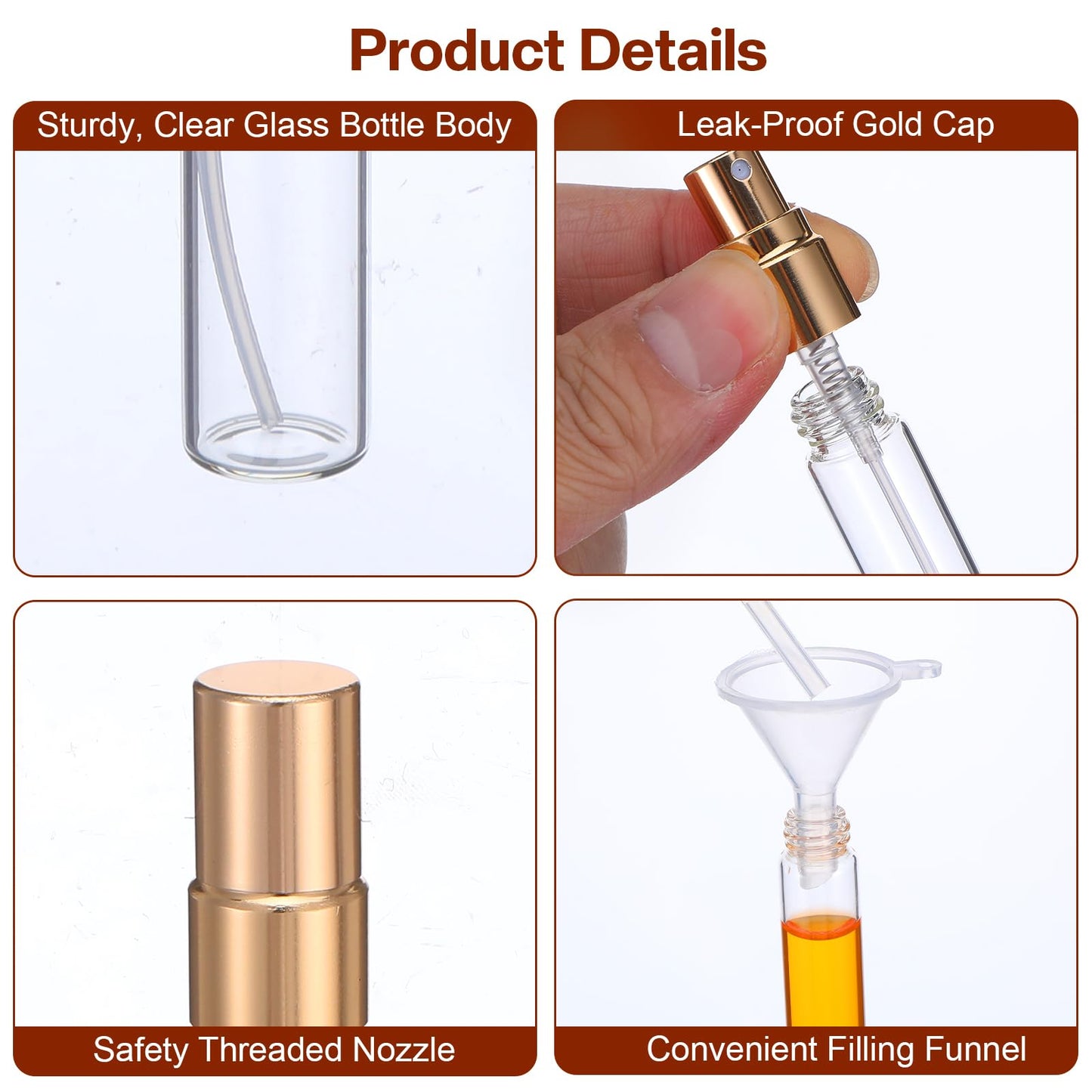 AOZUO 50 Pcs 10ml/0.34oz Mini Perfume Bottles Set Includes 2 Funnels and 2 Dispensers, Refillable Glass Spray Bottles Portable Travel Empty Sample Containers Fine Mist Atomizers with Caps, Gold