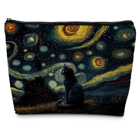 ignytiger Starry Night Black Cat Makeup Pouch Cosmetic Bag Mom Lady Gifts for Women Cat Lovers, Cat Bag for Women