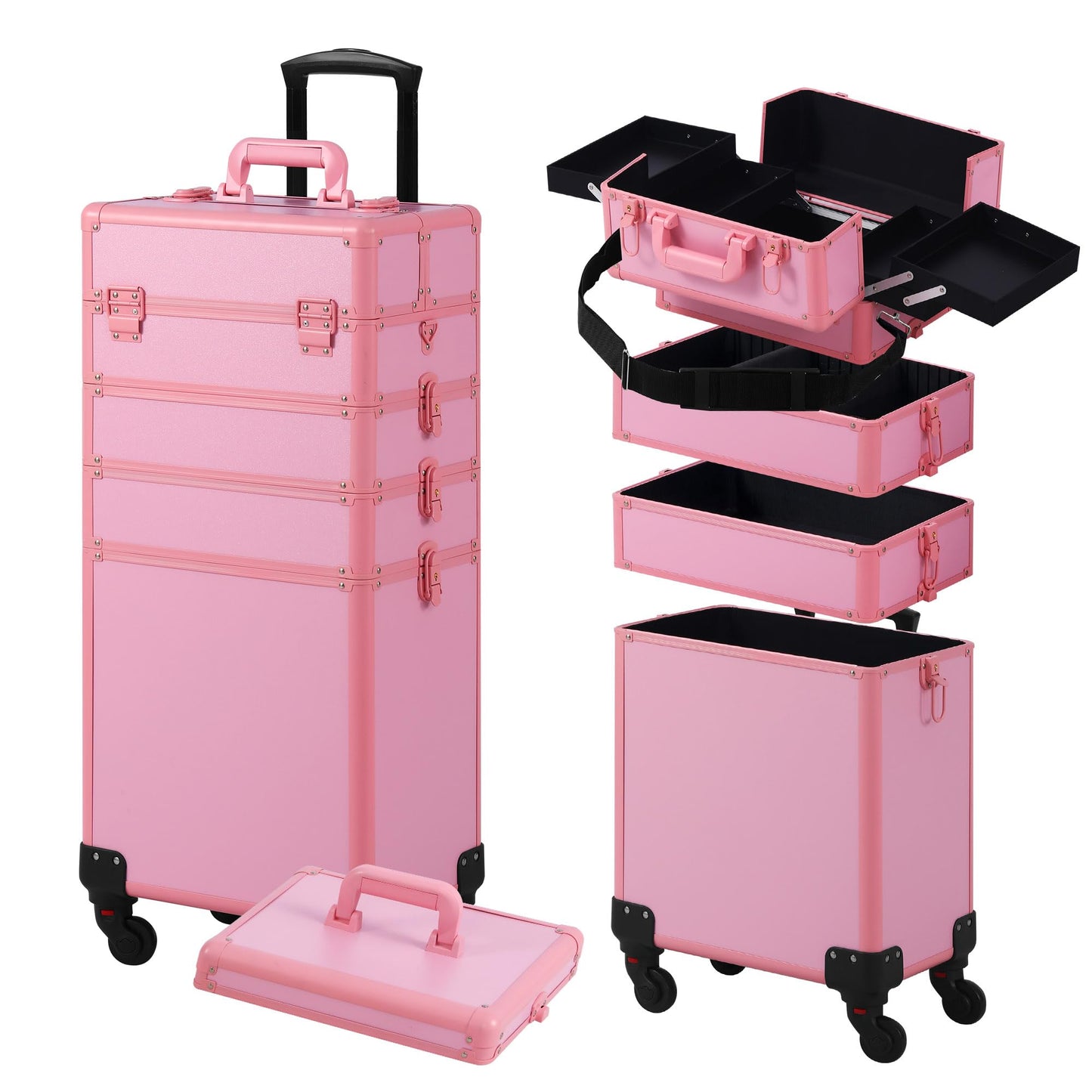 Somduy Makeup Train Case, Rolling Makeup Case with Lid, 5 in 1 Cosmetology Case on Wheels, Christmas Gift, Large Makeup Case Organizers, Profesional Cosmetic Case for Salon Barber, Pink