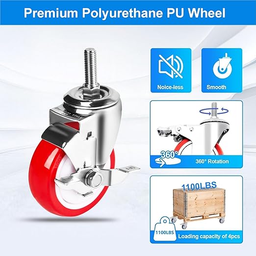 4 inch Stainless Steel Caster Wheels Heavy Duty, 1/2"-13x1-1/2 Threaded Stem Casters with Side Brake, Rust Resistant, Polyurethane PU Wheels for Hospital, Lab, Furniture, Restaurant
