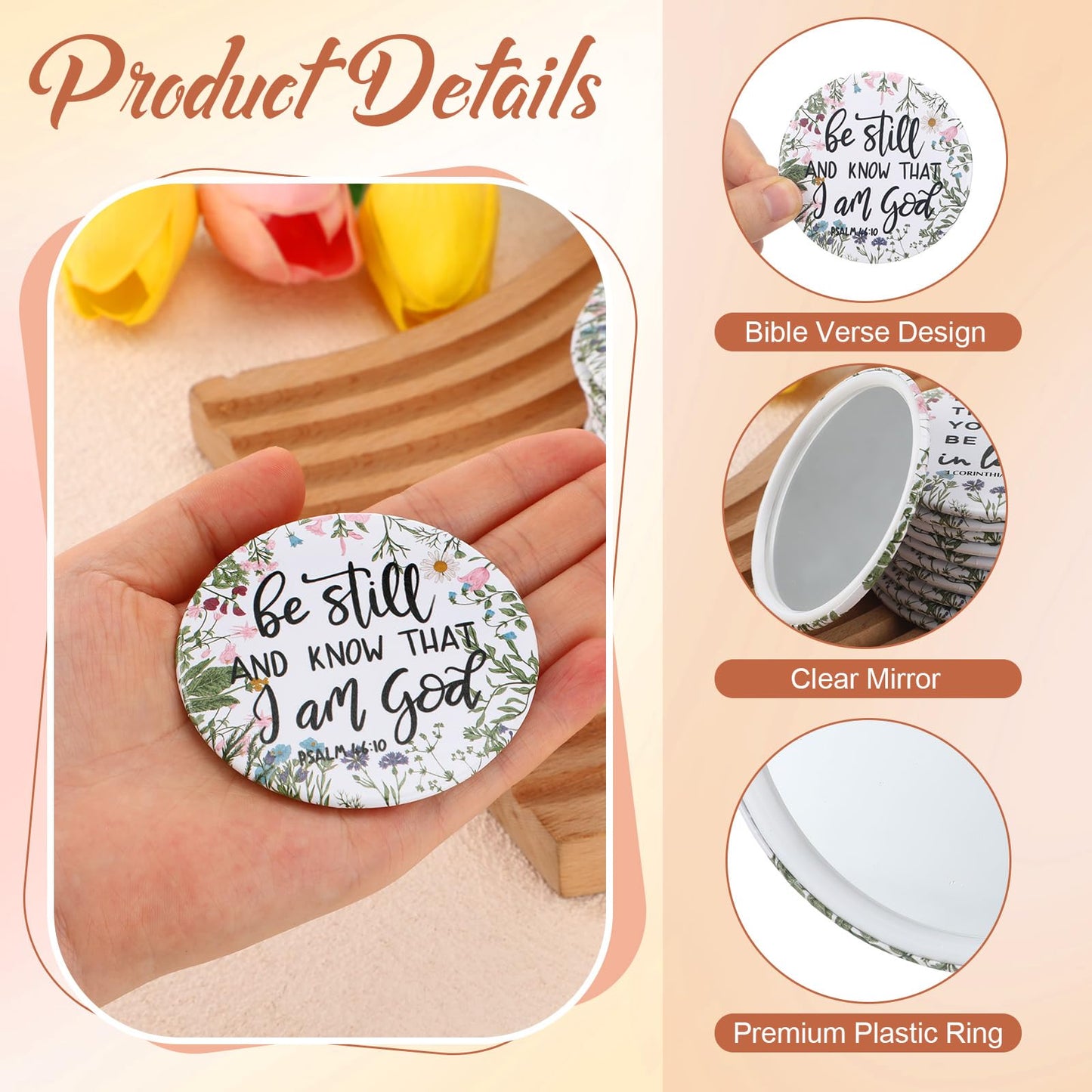 GlikCeil 40 Pcs Christian Compact Mirrors Bulk for Women Wildflower Inspirational Bible Verse Pocket Mini Purse Mirrors Christian Church Gift for Women VBS Church Party Favors