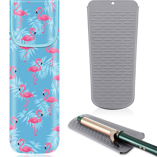 Shappy 2 Pcs Heat Resistant Hair Tools Bag Curling Iron Travel Case Cover Neoprene Flat Iron Holder Travel Case and Silicone Mat Pouch for Hot Hair Tools Storage Organizer(Flamingo Style)