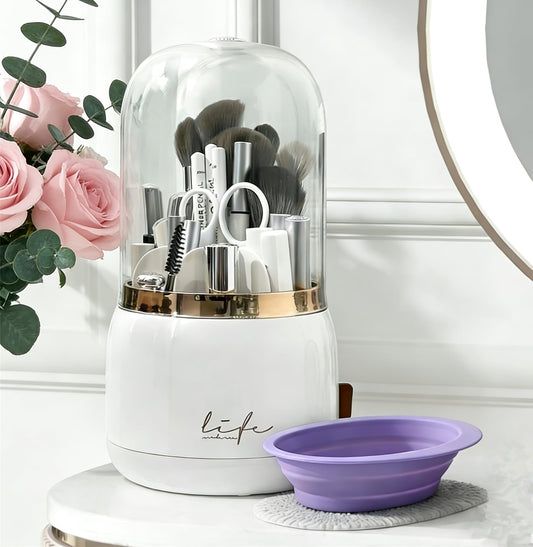 YZEASYPINK 360 Rotating Makeup Brush Holder with Lid Clear Dustproof Make Up Organizers for Vanity Countertop Includes a Foldable Bowl for Cleaning Makeup Brush Transparent Dustproof (White)