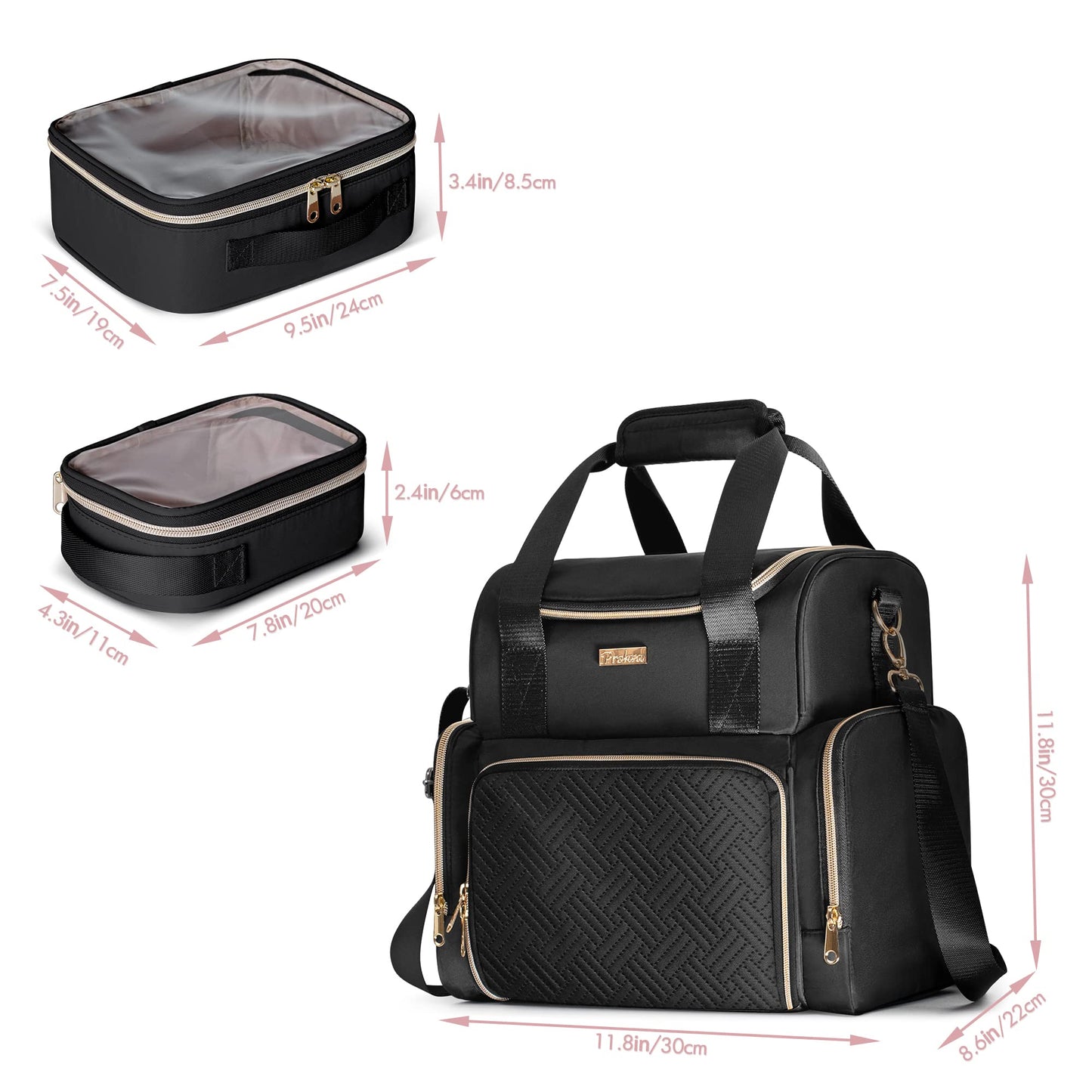 Prokva Large Cosmetic Bag with 3 Removable Case, Double Layer Travel Organizer with Inner Dividers and Makeup Brushes Storage Section, Black (Patented Design)