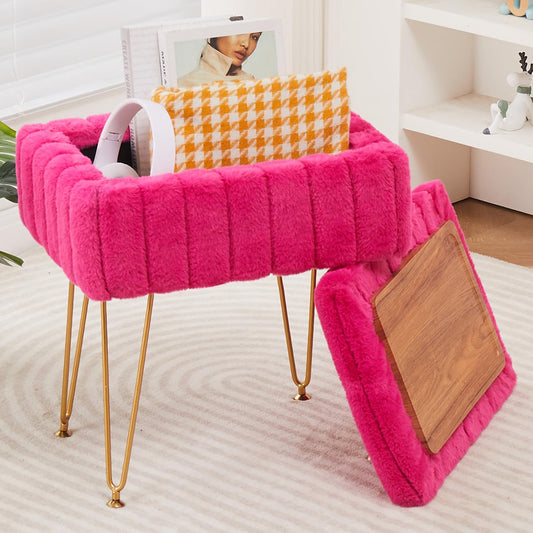 Wimarsbon Faux Mink Fur Storage Ottoman, Modern Soft Footstool, Storage Bench with Metal Legs, Vanity Seat, Fur Stool, Ottoman Coffee Table, Makeup Chair, Vanity Stools for Bedroom (Rose Red)