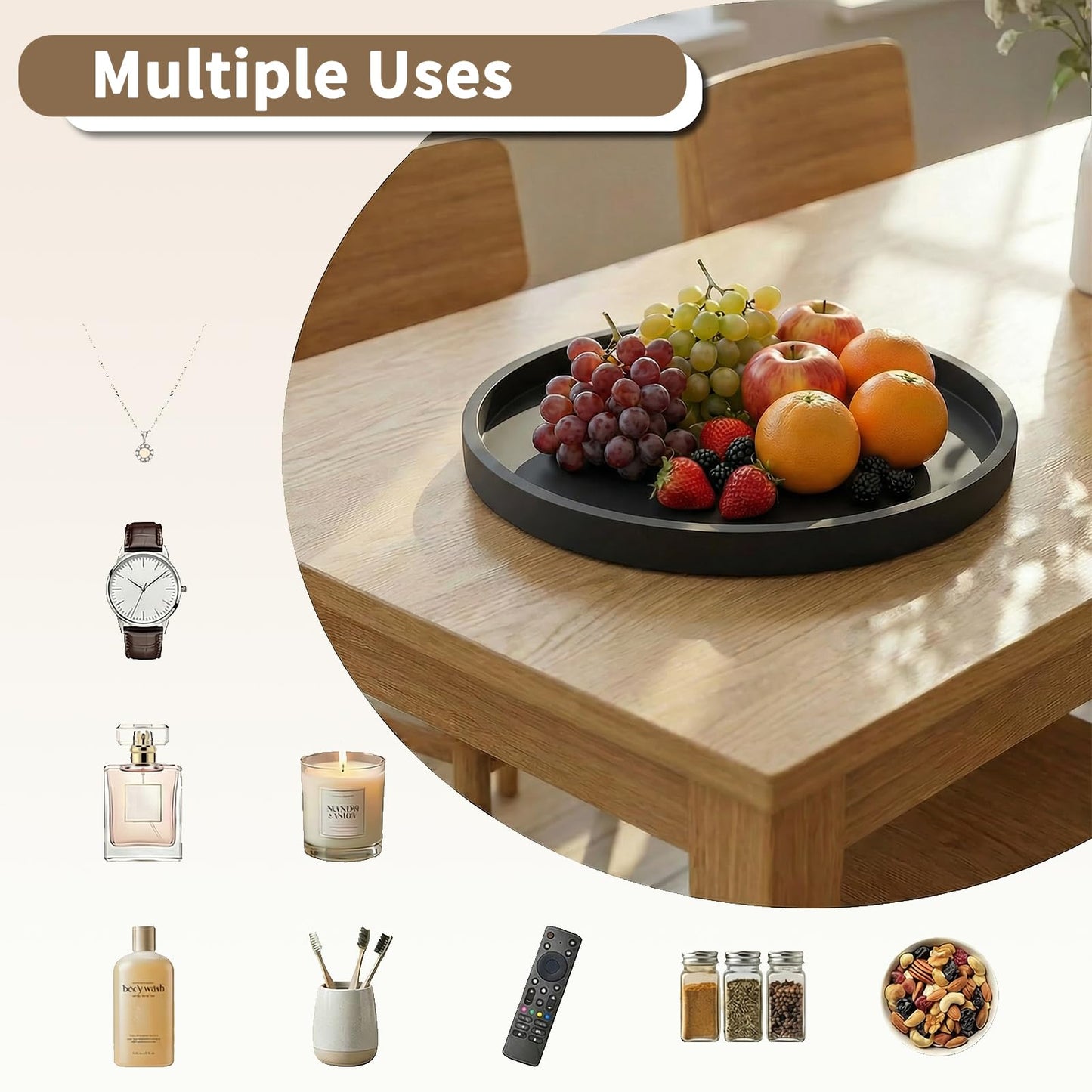 Round Tray Silicone Black, 10.6 Inch Bathroom Tray Countertop Decor, Vanity Trays for Bathroom Organizers, Waterproof Bathroom Tray for Counter, Decorative Coffee Table Tray