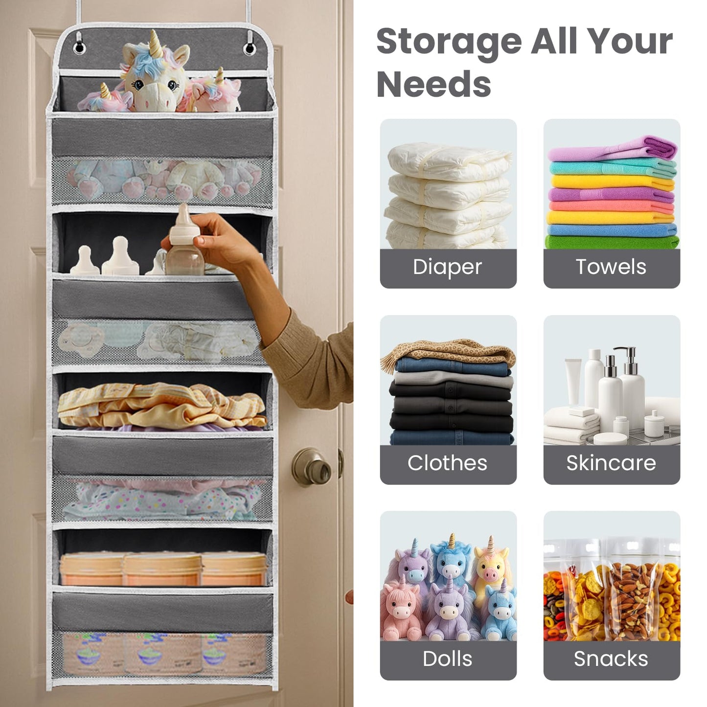 Over The Door Organizer with LifetimeWarranty, 4 Shelves & 4 Side Pockets, Large Storage Rack Holds 44lb, Heavy-Duty Reinforced Mesh Shelf for Bathroom, Closet, Toy Organization, Shoes, Towels, Grey