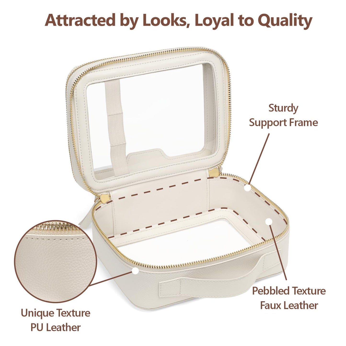 PACKISM Double Layer Clear Makeup Bag - Pebbled Texture & Hard PU Leather Car Bag Organizer for Car Essentials, with Message Card Travel Cosmetic Bag for Women Gift (Cream 2 Layer)
