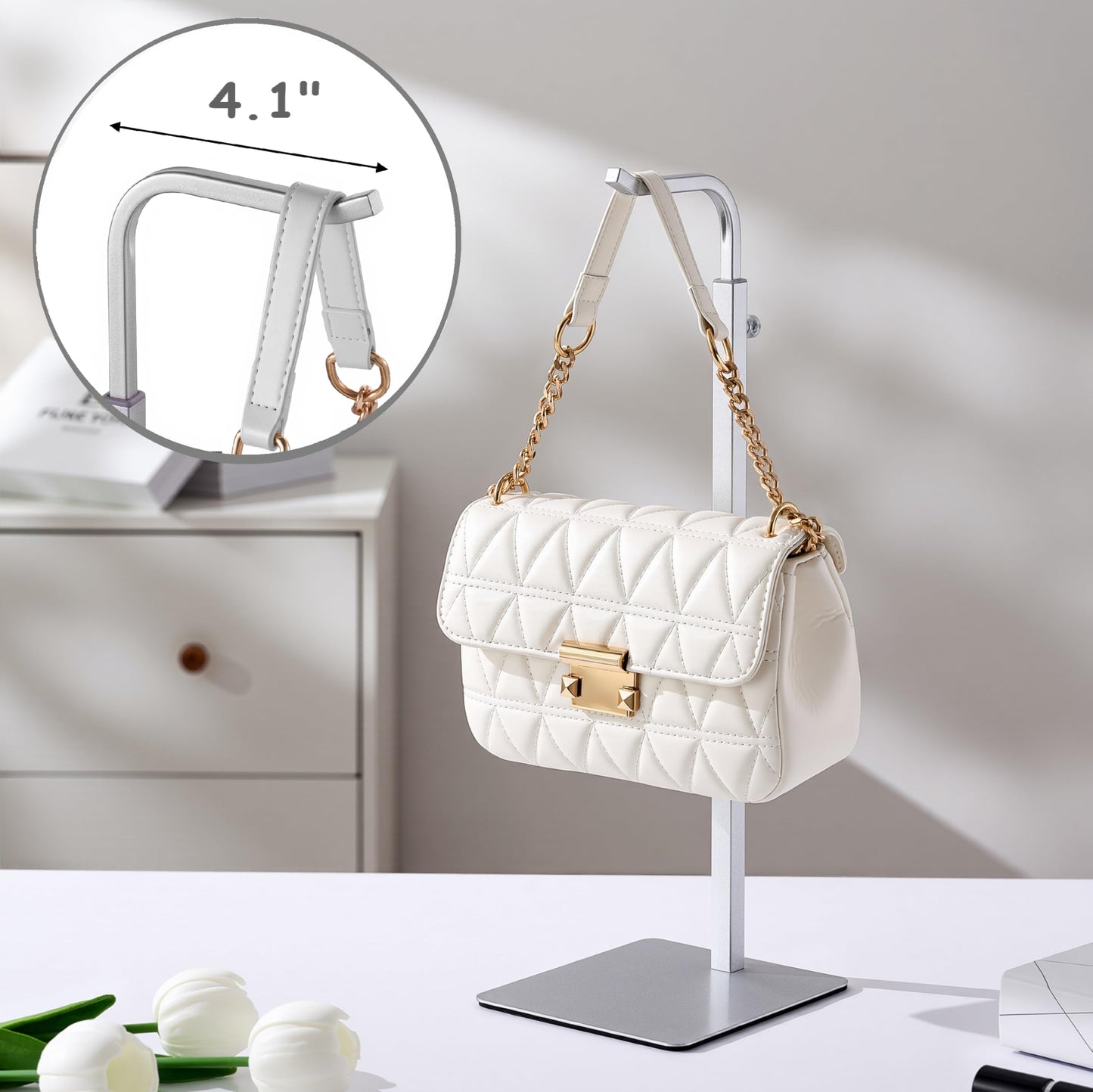 Josmimic 2 Pack Purse Holder Handbag Display Stand: Silver Hanger Rack for Bags, Purses, and Wreath, Adjustable Hook Stand for Tabletop, Closet, and Retail Use for Vendors