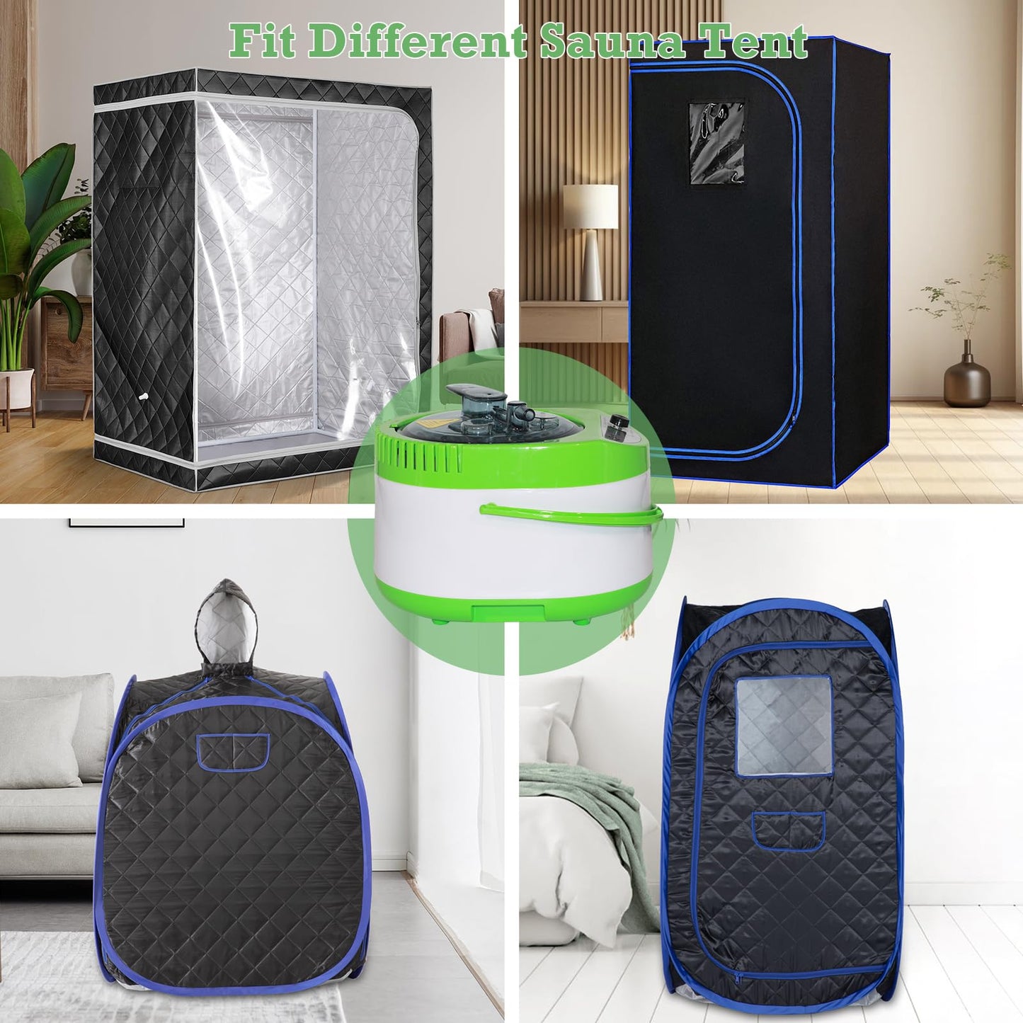 ZONEMEL 4 Liters Sauna Steamer, Portable Steam Generator with Remote Control, Stainless Steel Pot, Spa Machine with Timer Display for Body Detox (US Plug, Green)