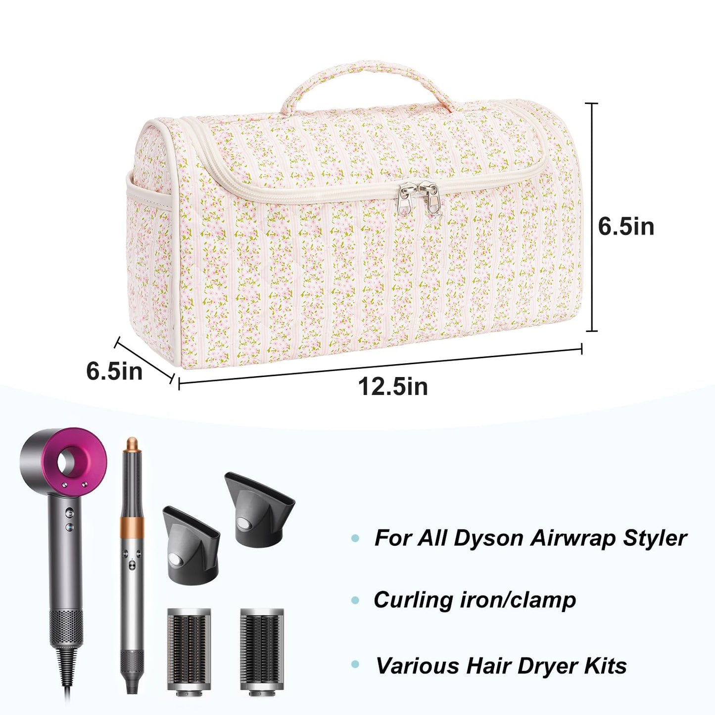 idoltimes Quilted Hair Tools Travel Bag, Cute Portable Organizer Case with Hanging Hook, Compatible with Dyson Airwrap Styler,Hair Curler Accessories