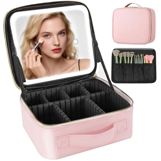 Travel Makeup Bag with LED Mirror, 3 Color Adjustable Brightness, Waterproof Cosmetic Train Case with Adjustable Dividers & Brush Holder, Portable Organizer for Travel & Makeup Artists, Pink