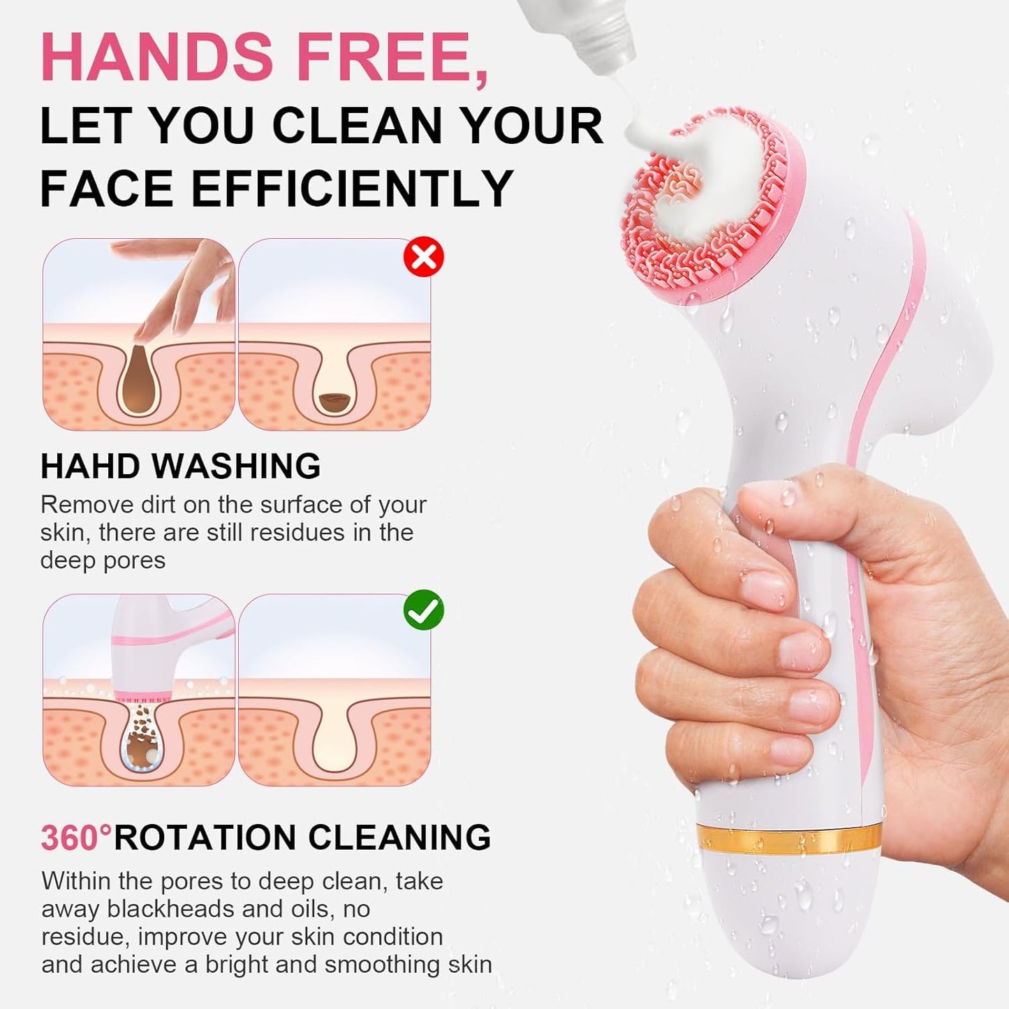 Beautivana Facial Cleansing Brush, Waterproof Dual-Rotation Face Scrubber with 3 Brush Heads & 2 Speed Settings, Rechargeable Exfoliating Face Brush for Deep Cleansing & Daily Skin Care (Pink)