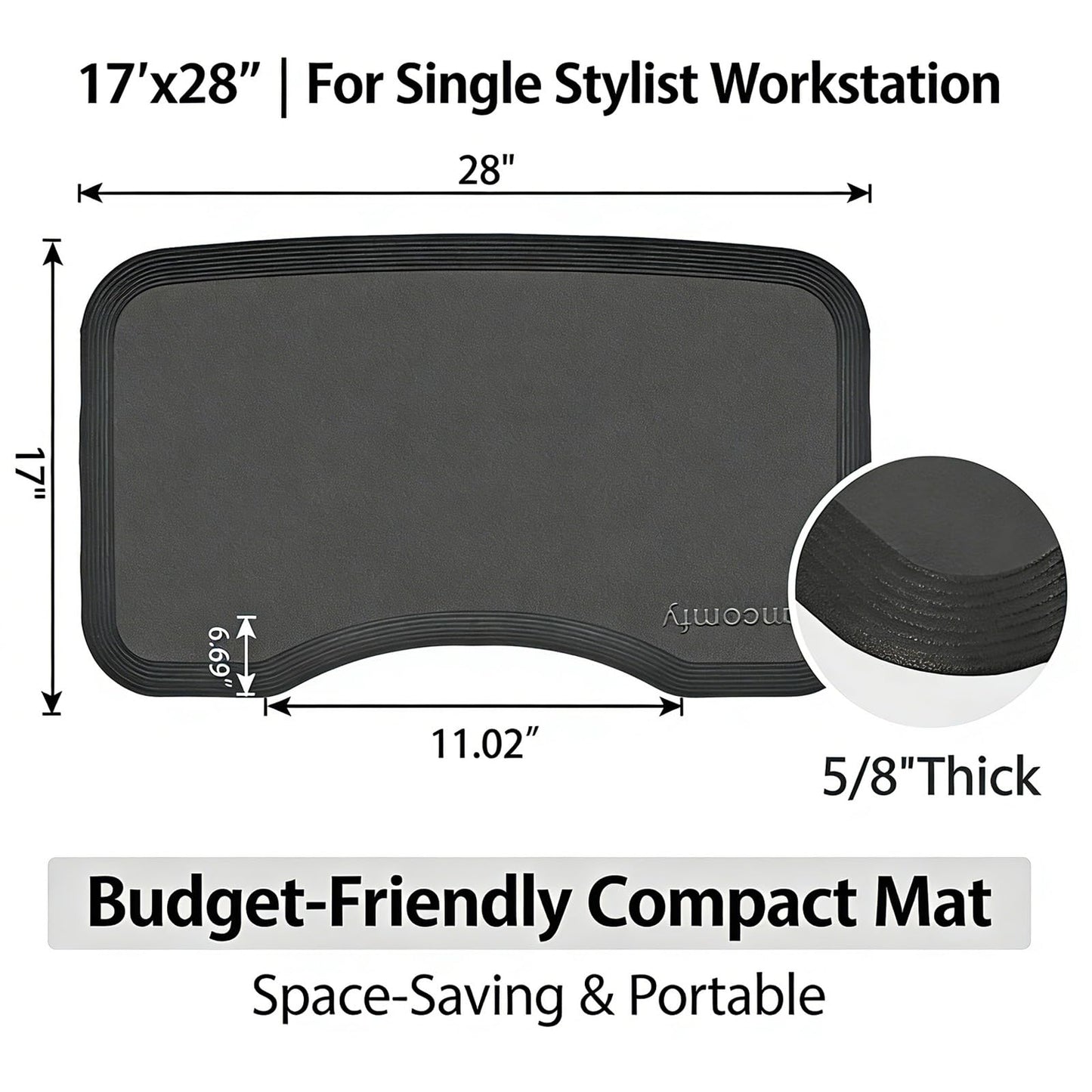 Amcomfy 17''x28'' Small Anti Fatigue Salon Mat for Single Hair Stylist - Anti-Slip Antique Series Barber Shop Chair Floor Mat (5/8'' Thick, Black) - Compact & Budget-Friendly
