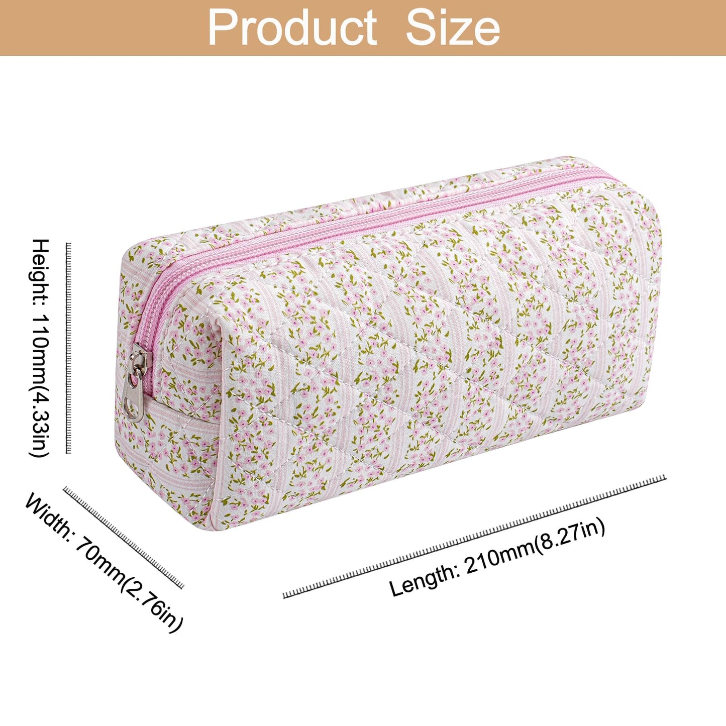 HHQQWZ Cute Floral Cotton Makeup Brush Cosmetic Bag for Women, Travel Quilted Zipper Make Up Bag, Flowers Toiletry Organizer Case Kawaii Makeup Cosmetic Travel Cloth Pouch (Pink+Pink Bowknot)