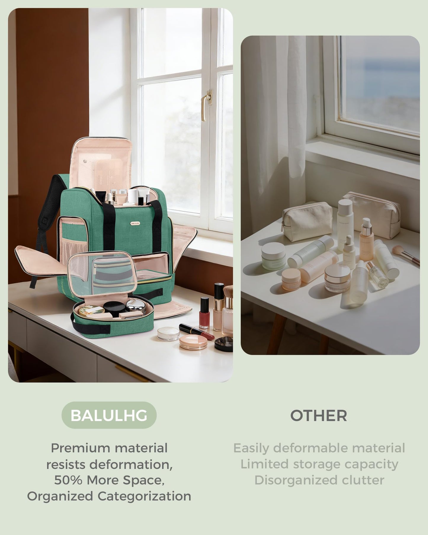 BALULHG Large Portable Travel Makeup Bag with 3 Removable Transparent Case, Dual-Shoulder Multi-Functional Cosmetic Bag,Double Layer Big Capacity Makeup Bag Backpack, Patent Pending