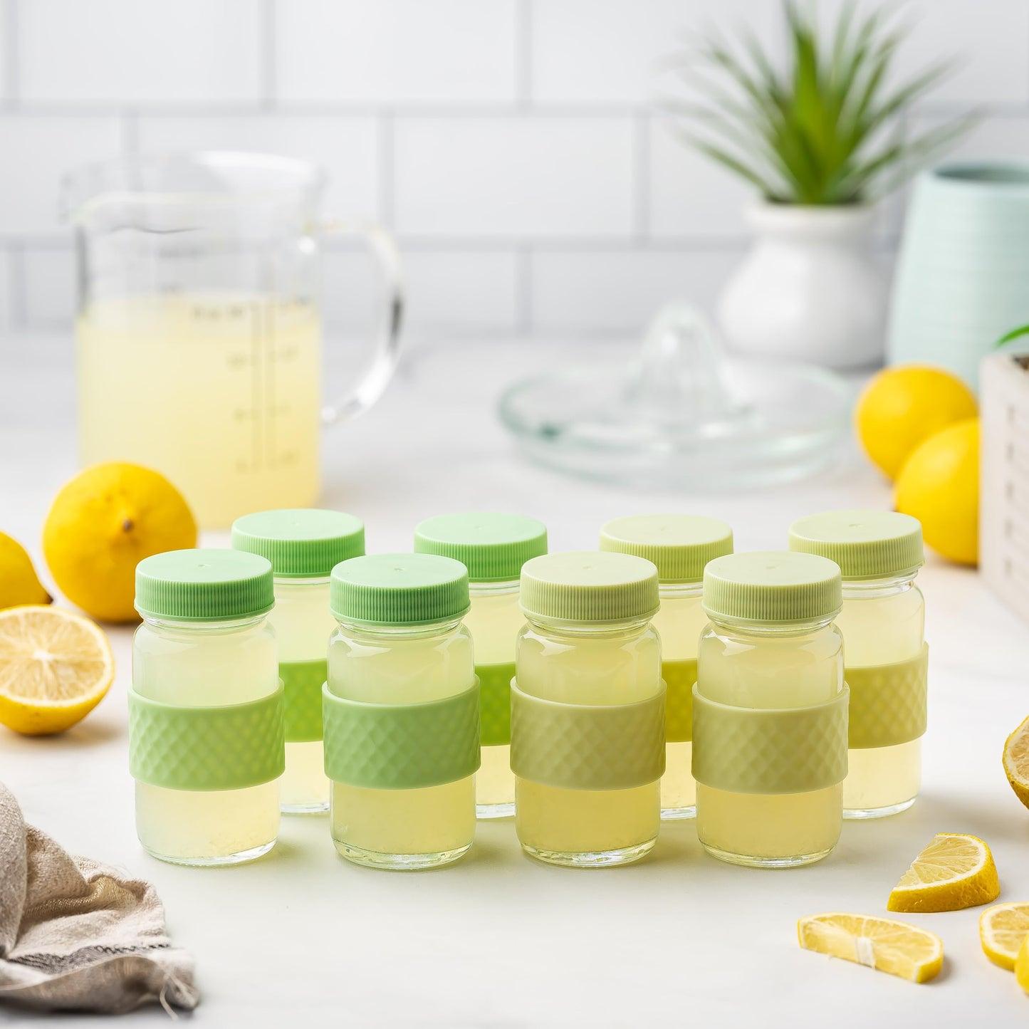 Glass Juice Shot Bottles with Caps, Clear, 2oz, Colored Lids & Silicone Grip Bands, Beverage Storage, Juicing, Turmeric & Ginger Shot Bottles